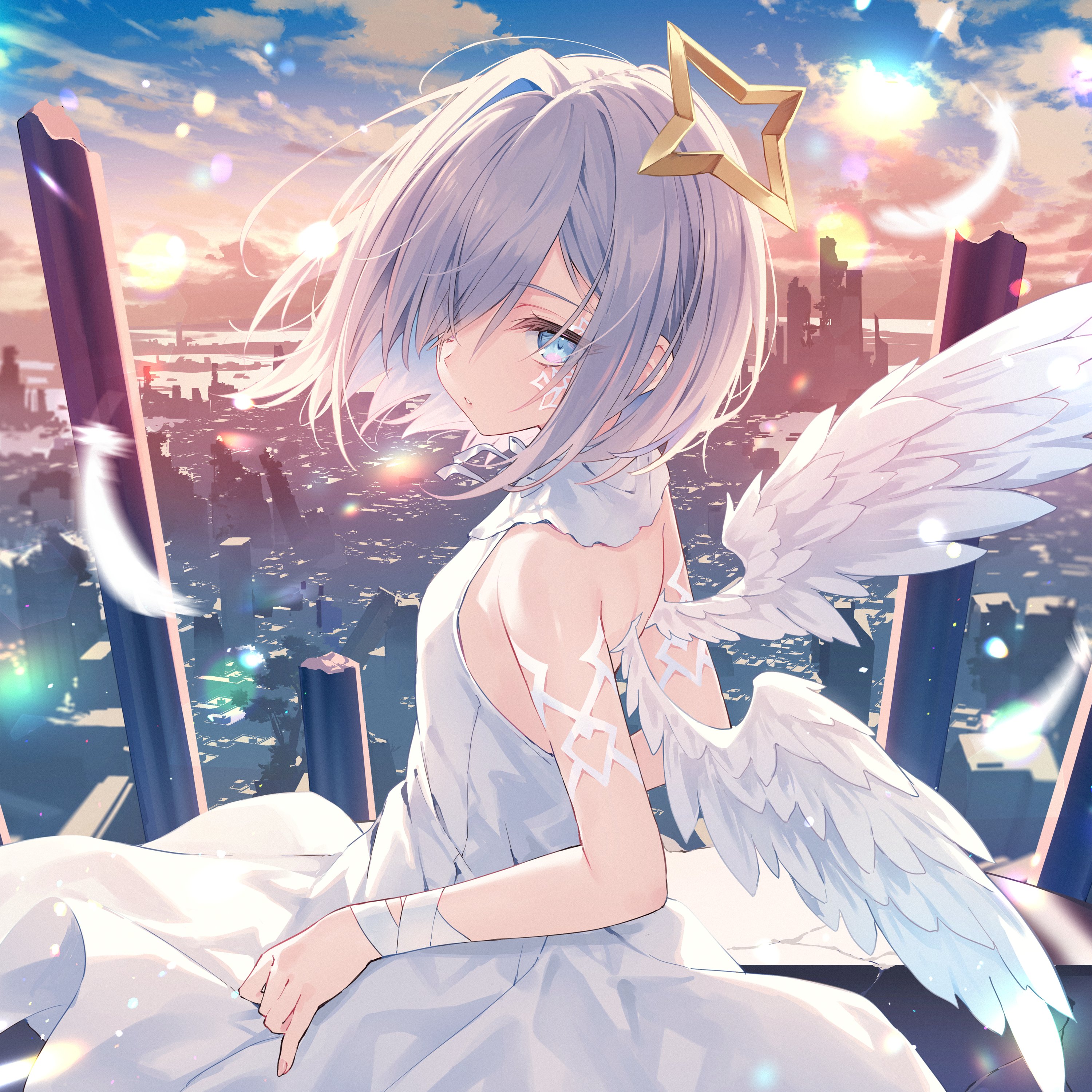 Anime 3000x3000 anime Rurudo anime girls Amane Kanata Hololive Virtual Youtuber wings feathers sky clouds looking at viewer short hair blue eyes white hair dress hair blowing in the wind wind hair over one eye summer dress