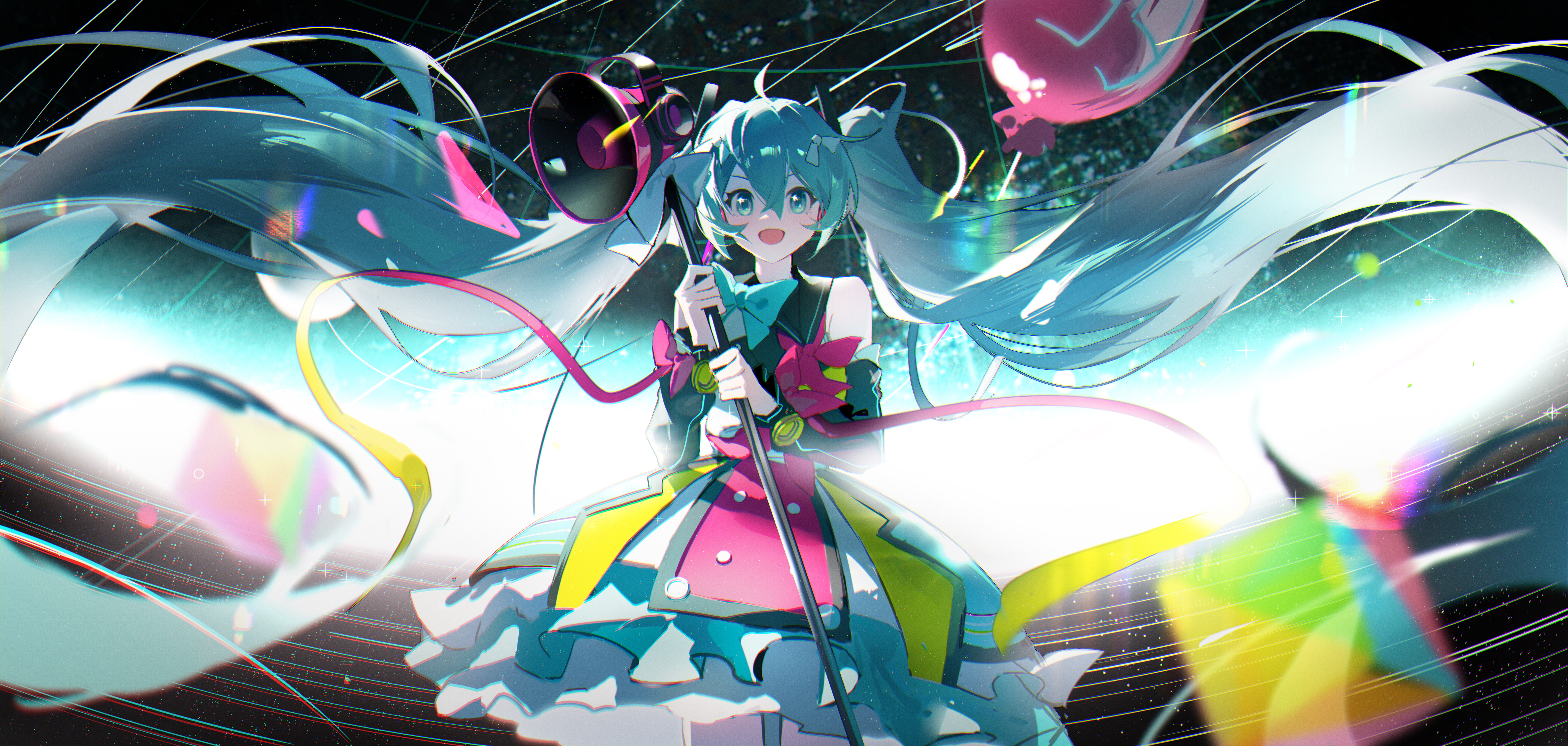 Anime 6079x2894 anime anime girls Hatsune Miku Vocaloid twintails long hair blue hair blue eyes looking at viewer dress microphone open mouth balloon bow tie