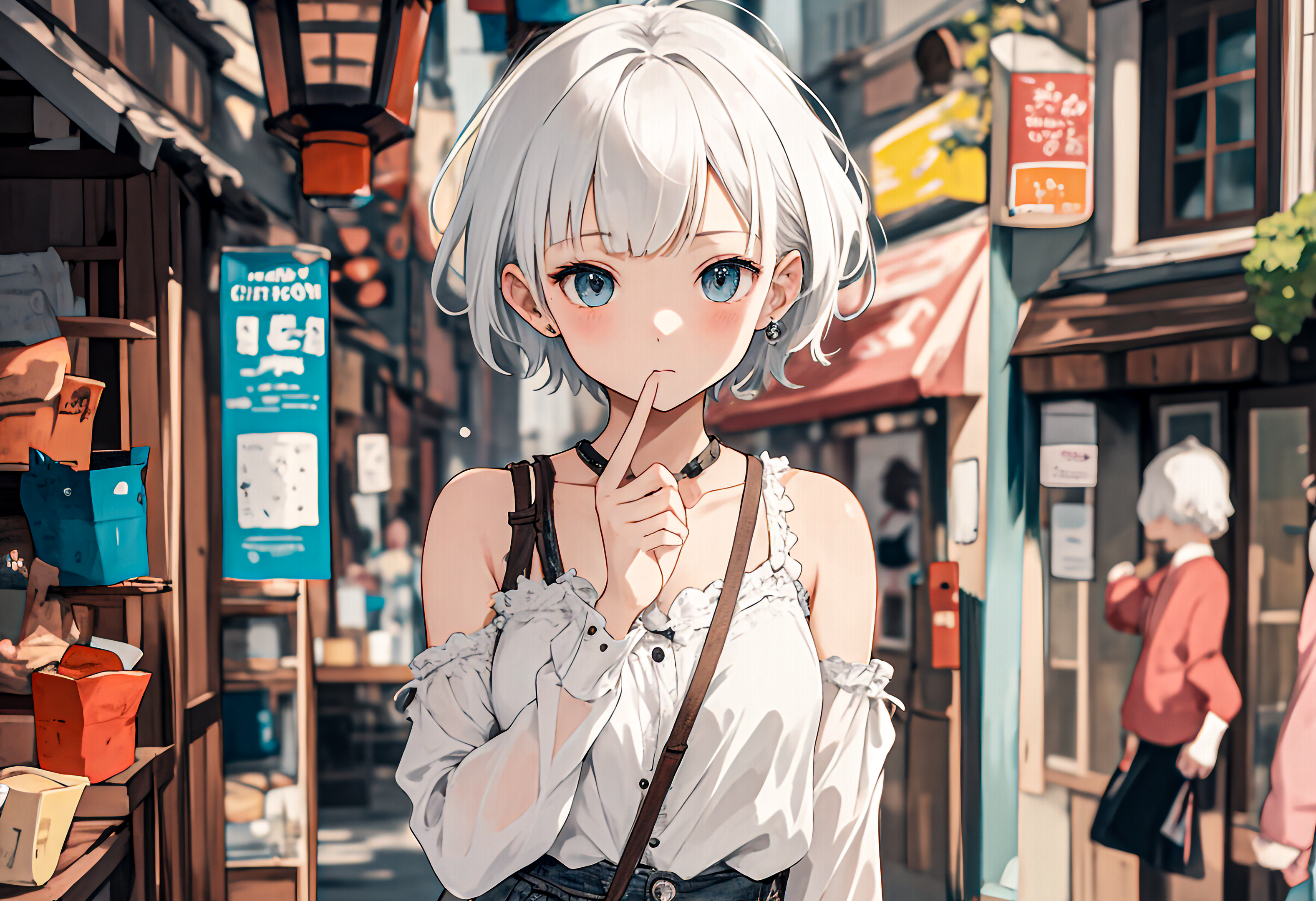 Anime 3154x2160 short hair anime girls stores AI art blurred building digital art blurry background dress blue eyes white hair bare shoulders sunlight outdoors women outdoors closed mouth