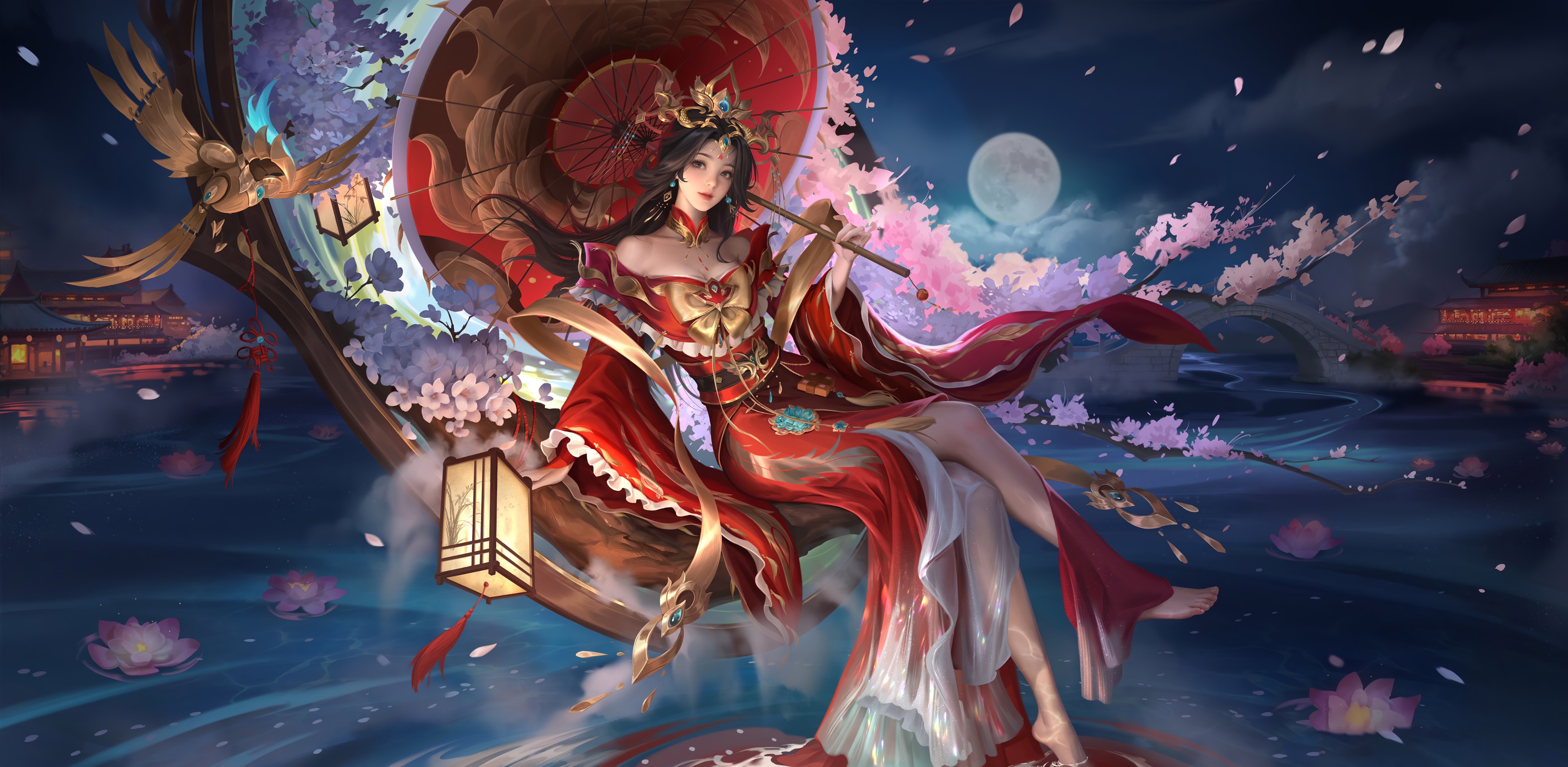 General 3140x1536 Moon video game characters sky video game girls night video game art sitting video games umbrella looking at viewer earring dress water petals bare shoulders flowers water lilies branch pointed toes barefoot legs crossed moonlight Chinese dress lantern outdoors women outdoors digital art