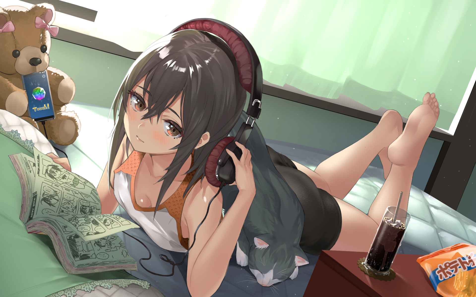 Anime 1920x1200 foot arches anime girls small boobs headphones lying down lying on front teddy bears phone books manga drink chips looking at viewer indoors women indoors long hair barefoot feet drinking glass bed in bed blushing brunette brown eyes curtains sunlight ass