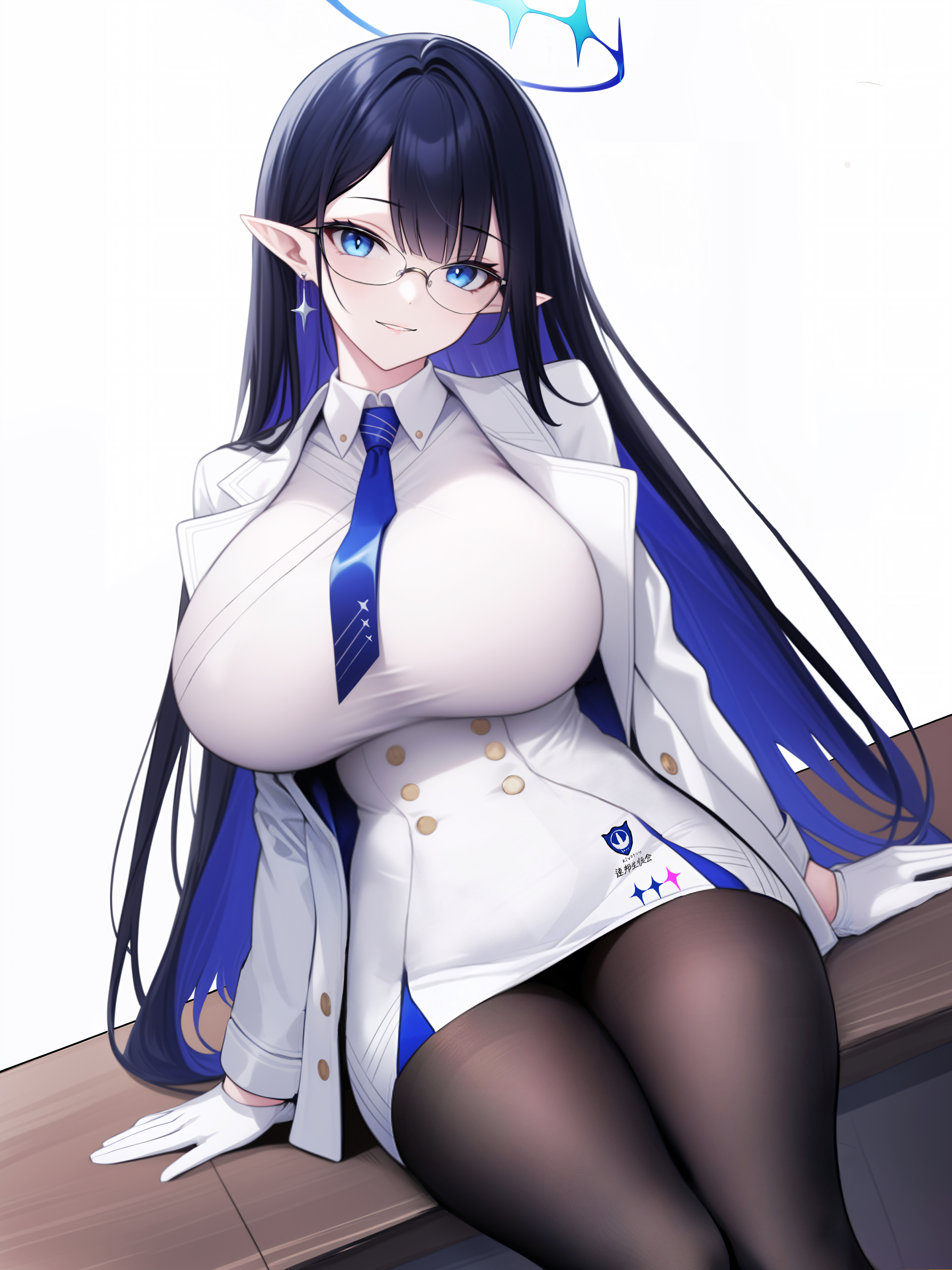 Anime 2438x3251 anime anime girls Pixiv Nanagami Rin (Blue Archive) Blue Archive long hair portrait display uniform looking at viewer glasses pointy ears smiling pantyhose gloves simple background earring white background sitting blue eyes minimalism tie