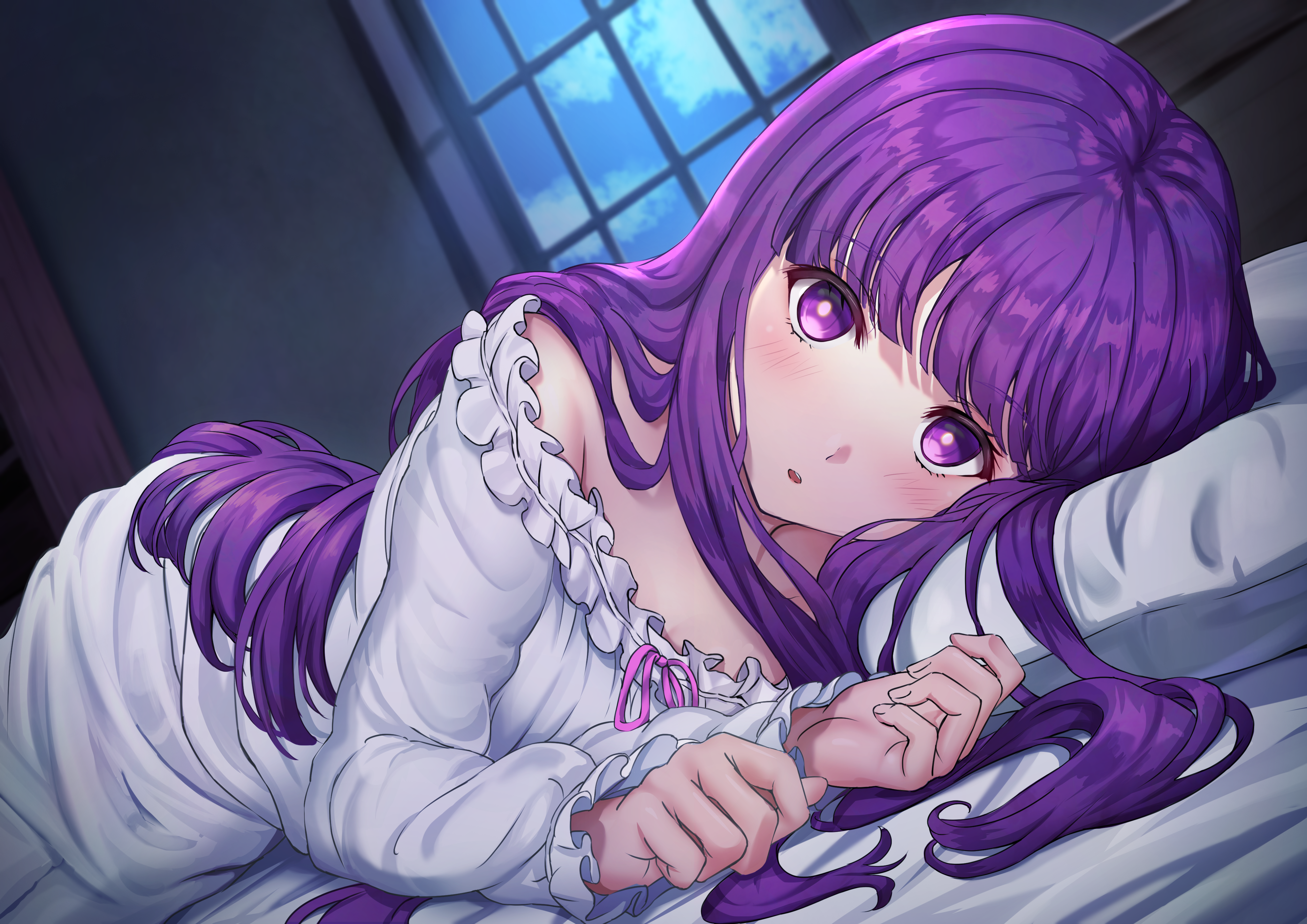 Anime 4093x2894 long hair purple hair purple eyes pyjamas Sousou No Frieren Fern (Sousou No Frieren) night looking at viewer blushing open mouth lying on side pillow lying down window indoors women indoors frills bed in bed anime girls bedroom