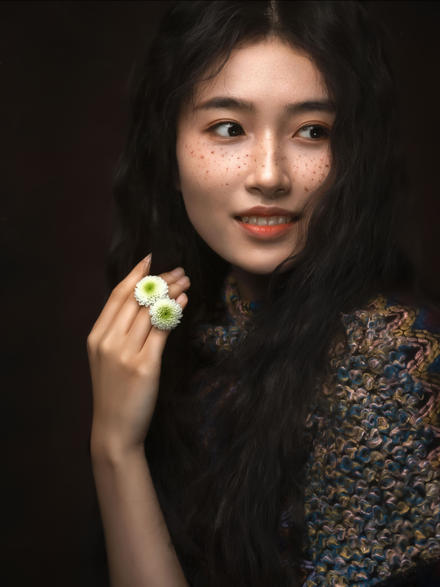 People 1536x2048 Lee Hu women Asian dark hair freckles looking away smiling flowers simple background dark eyes portrait