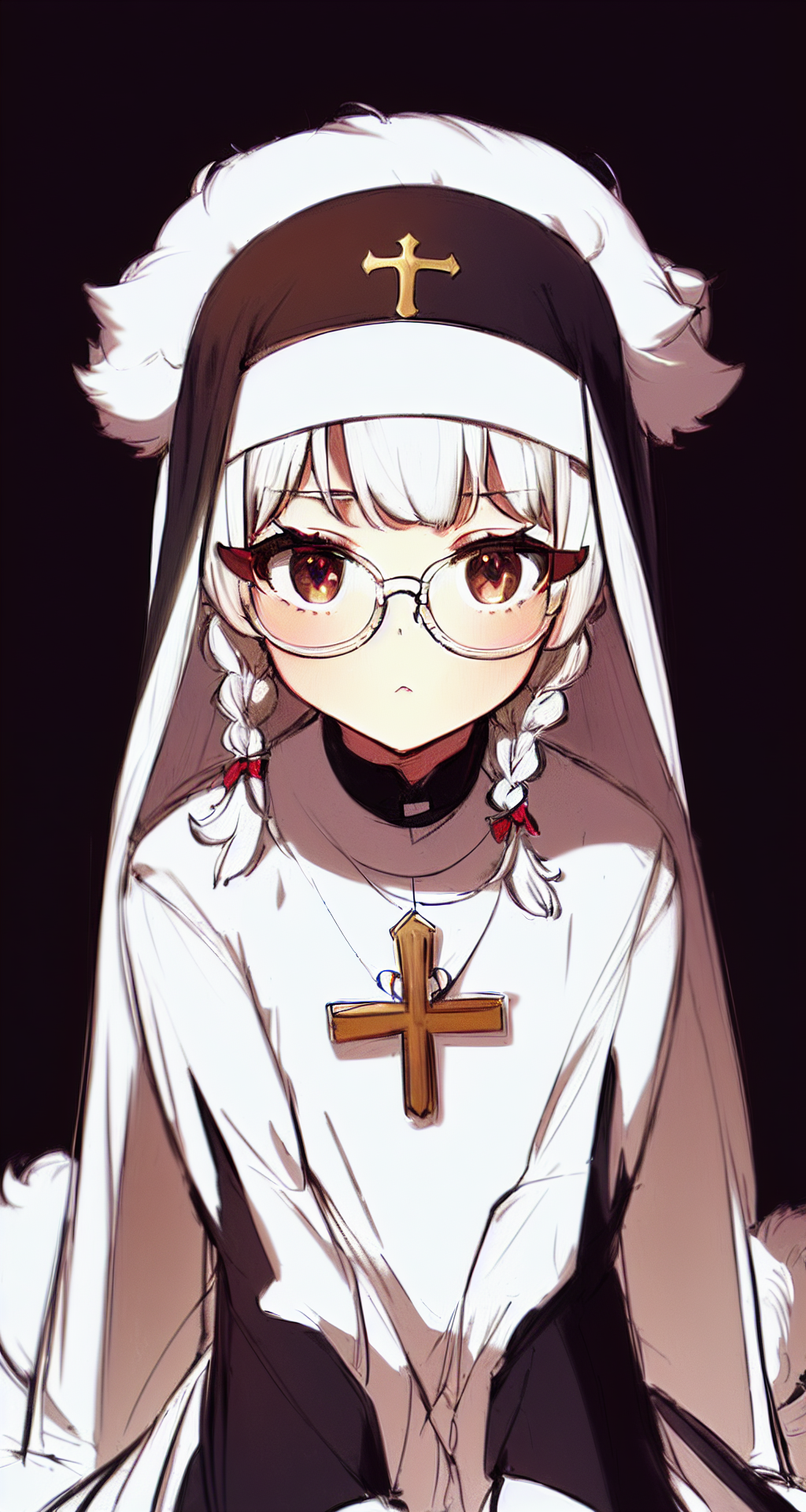 Anime 1024x1920 AI art women anime girls glasses drawing white hair braids cross nun's habit black background brown eyes looking at viewer short hair nuns nun outfit Stable Diffusion