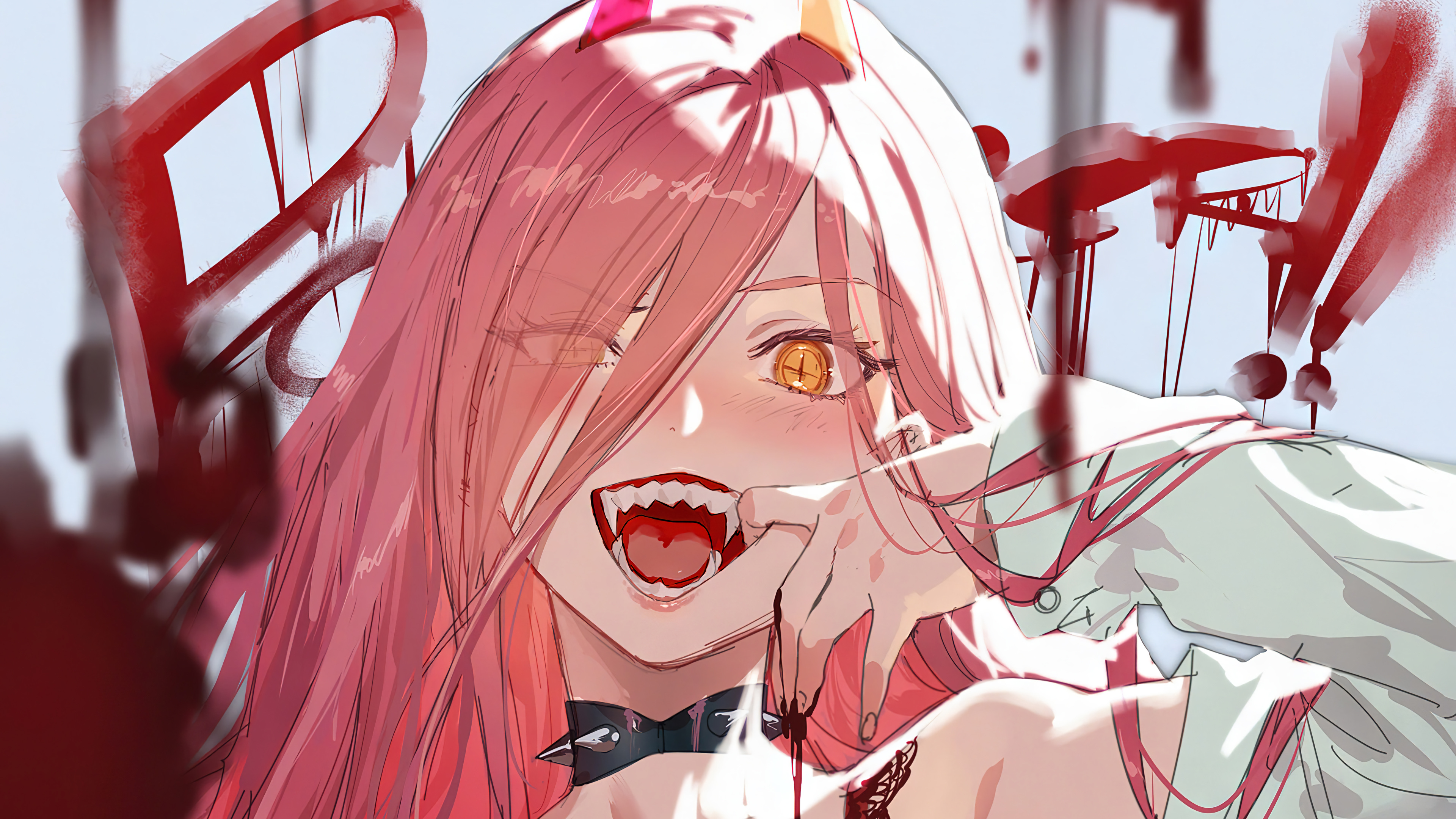 Anime 3840x2160 pink hair blood finger in mouth anime girls Power (Chainsaw Man) Chainsaw Man