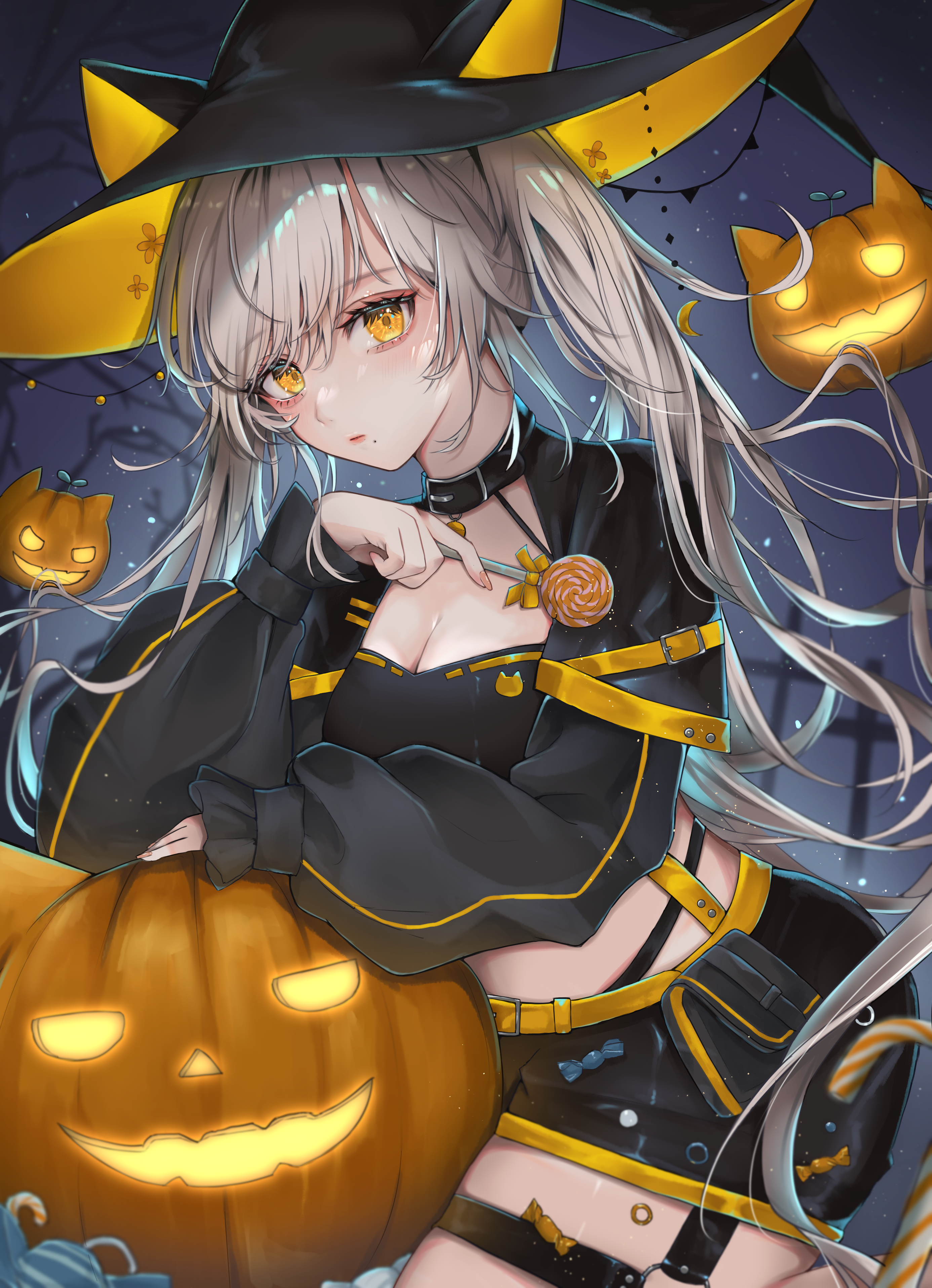 Anime 2772x3832 anime anime girls witch witch hat hat women with hats Halloween yellow eyes pumpkin food sweets lollipop long hair candy