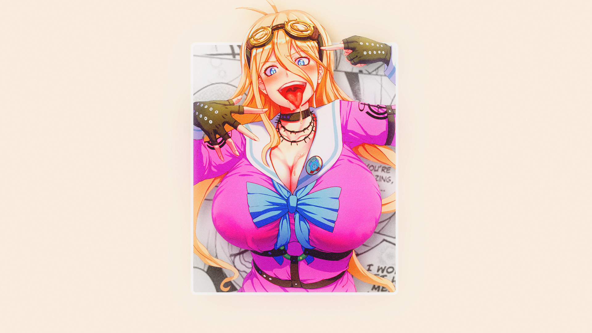 Anime 1920x1080 anime anime girls minimalism simple background picture-in-picture speech bubble Danganronpa Iruma Miu open mouth tongue out blonde blue eyes big boobs goggles cleavage manga