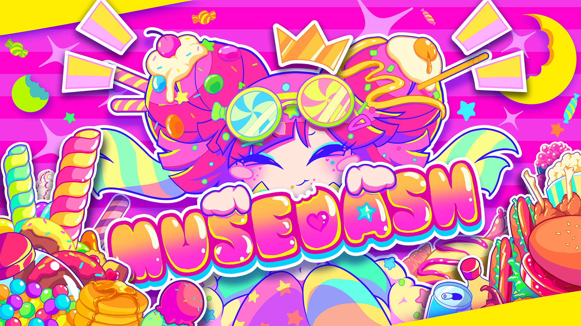 Anime 1920x1080 MuseDash anime girls Kawai (artist) music colorful food closed eyes crown sweets candy