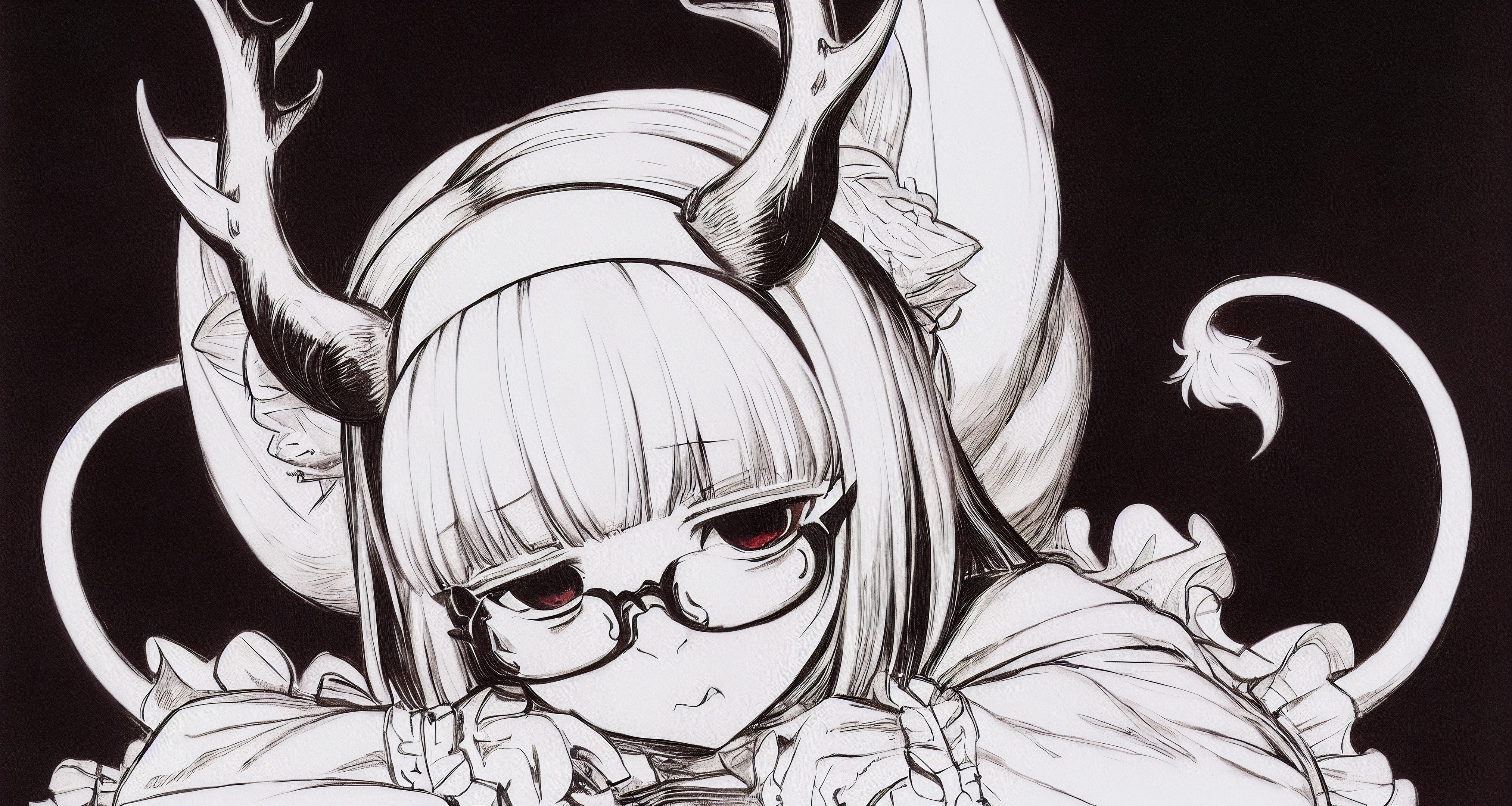Anime 4050x2160 women antlers face drawing black background red eyes glasses tail looking at viewer horns anime girls AI art Stable Diffusion