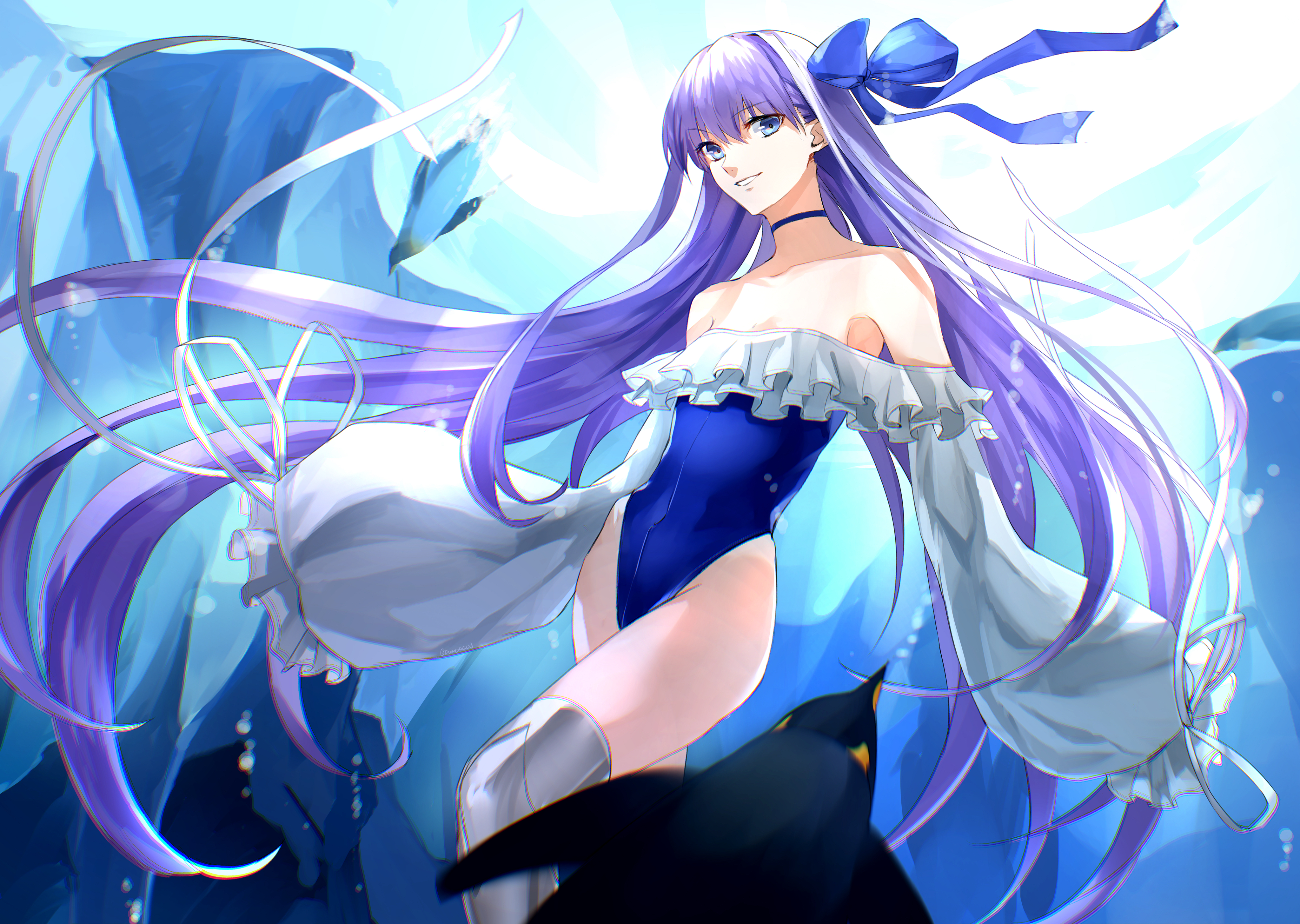 Anime 4096x2911 Fate series Fate/Grand Order Meltlilith anime girls underwater water purple hair blue eyes penguins
