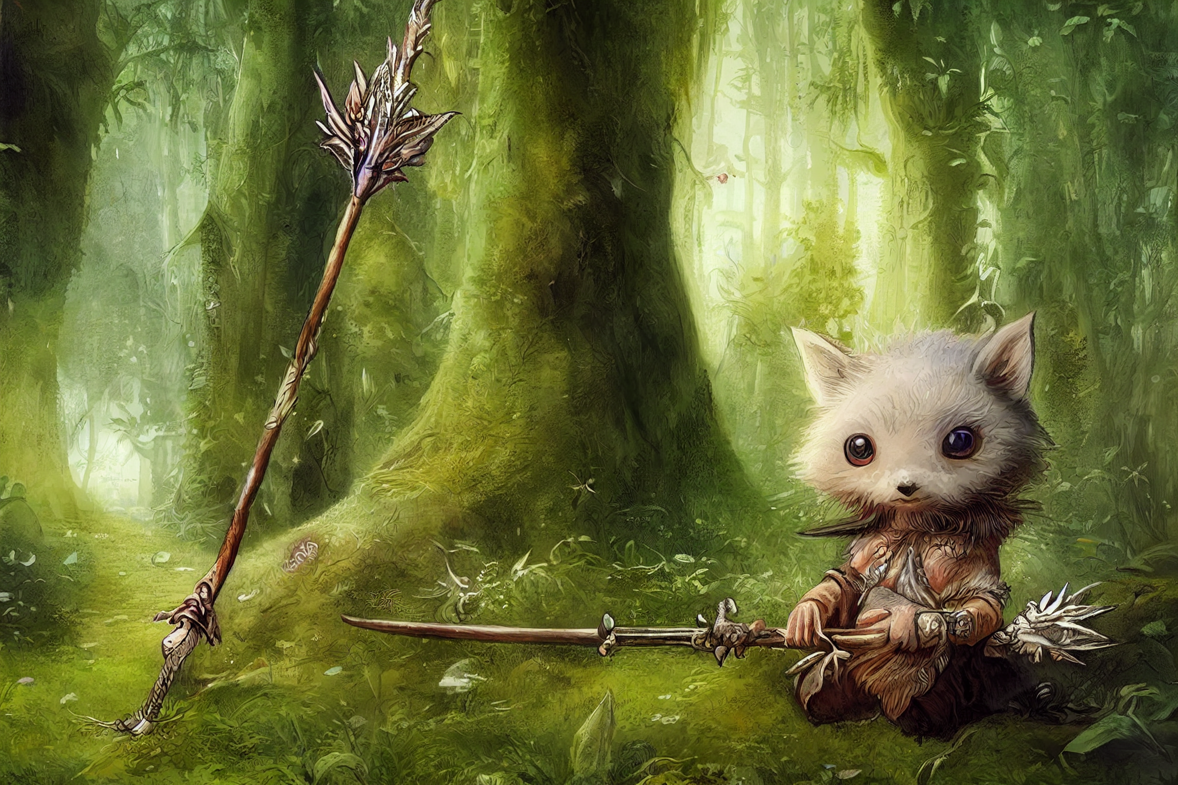 General 2304x1536 forest creature fantasy art weapon trees