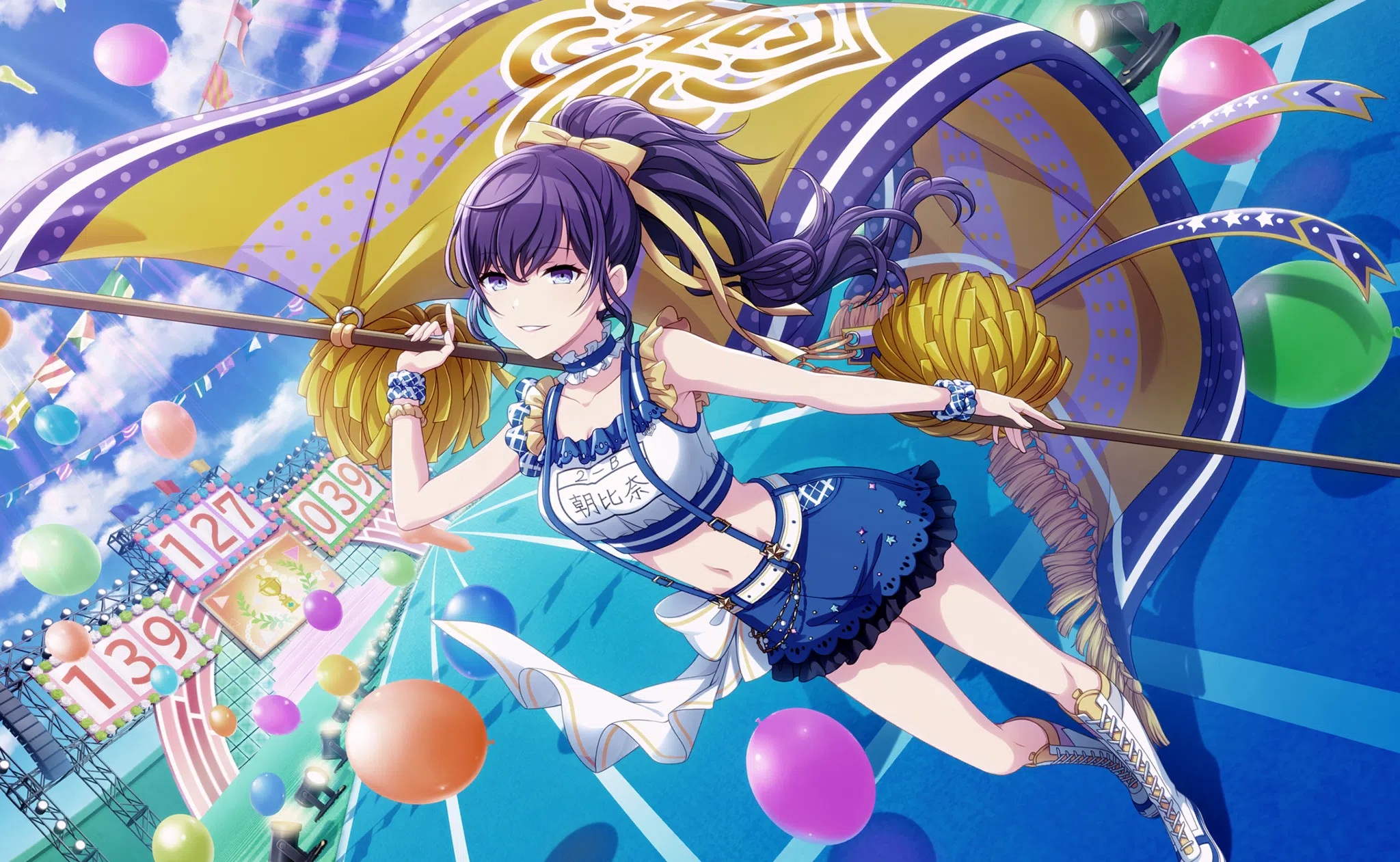 Anime 2048x1261 anime anime girls balloon purple eyes ponytail cheerleaders