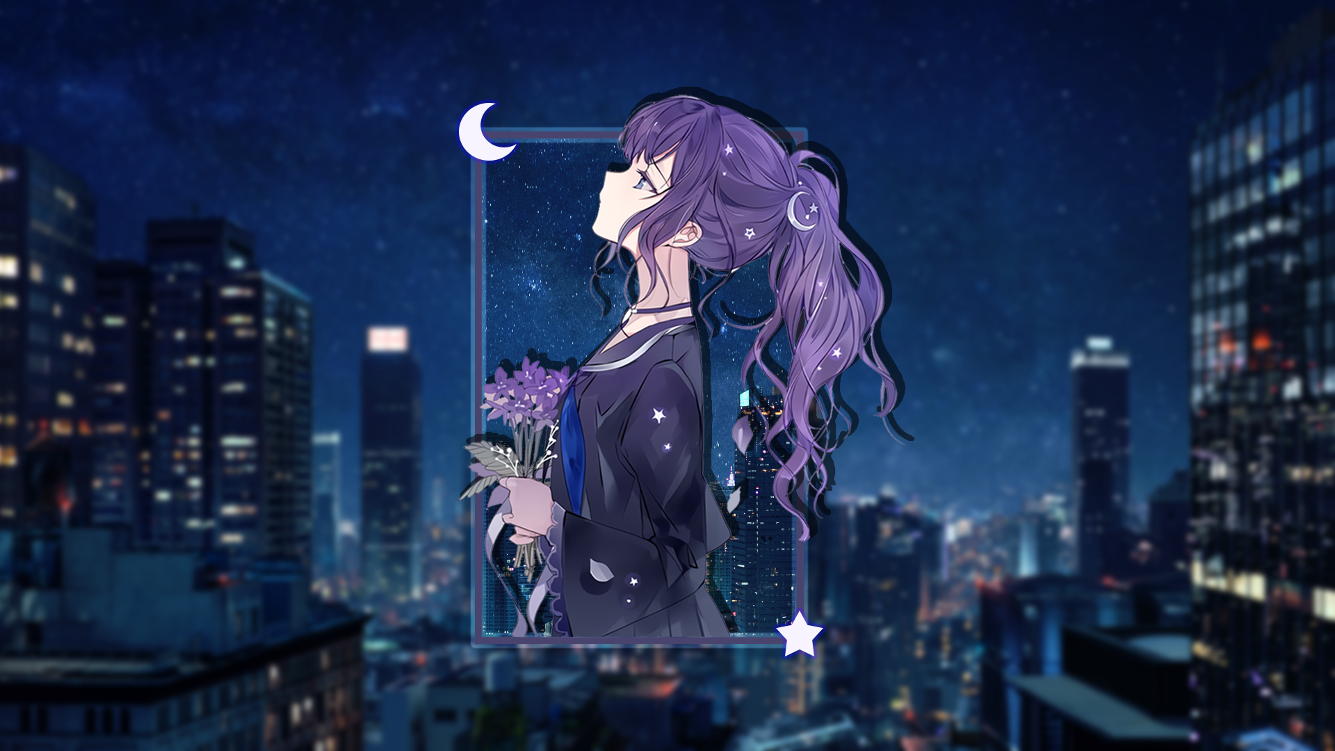Anime 1920x1080 picture-in-picture anime girls city urban night stars Project Sekai Colorful Stage! feat. Hatsune Miku Project Sekai Colorful Stage purple hair crescent moon Moon city lights simple background
