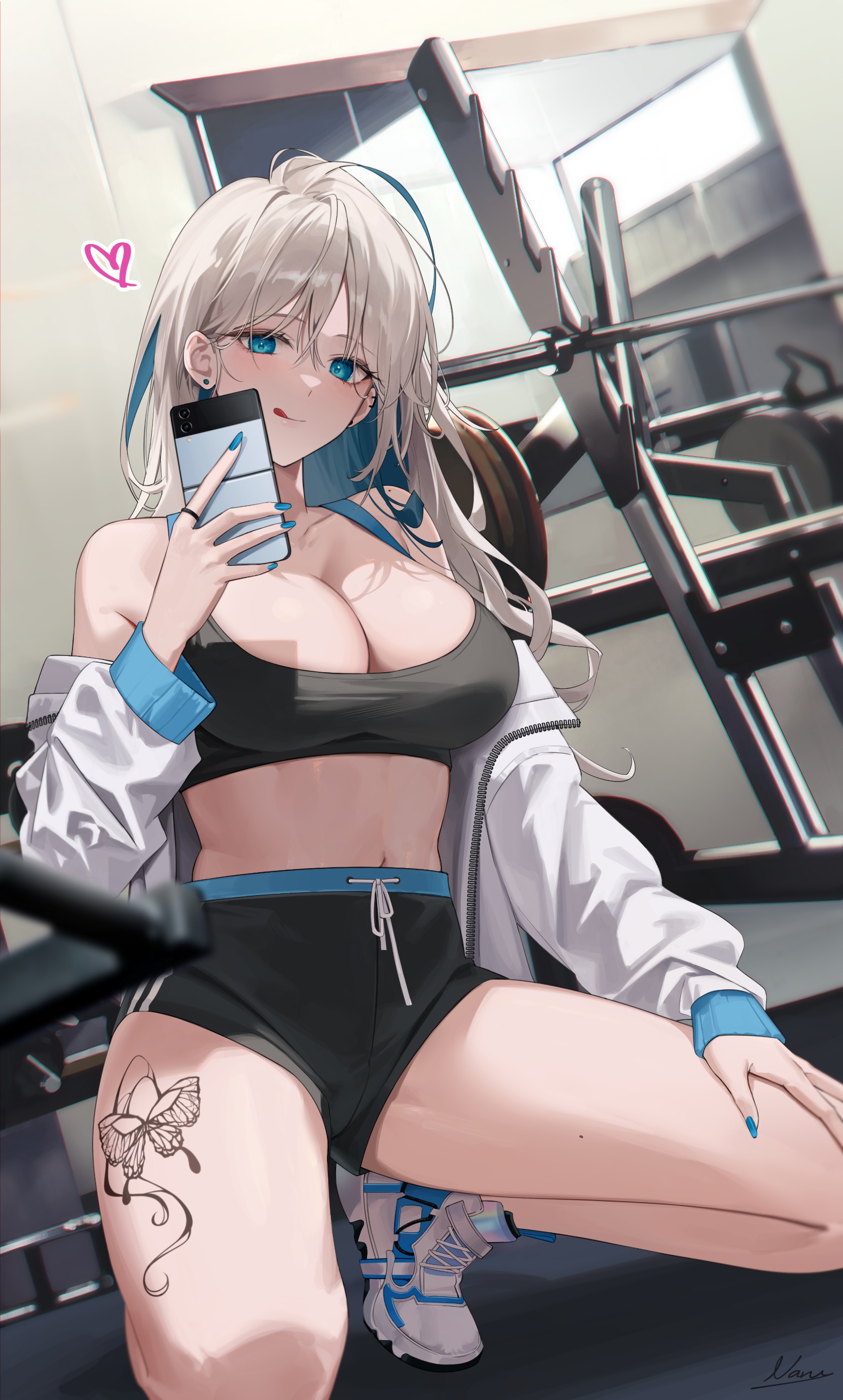 Anime 1665x2766 anime anime girls sports bra short shorts phone selfies tongue out big boobs cleavage gym equipment portrait display heart (design)