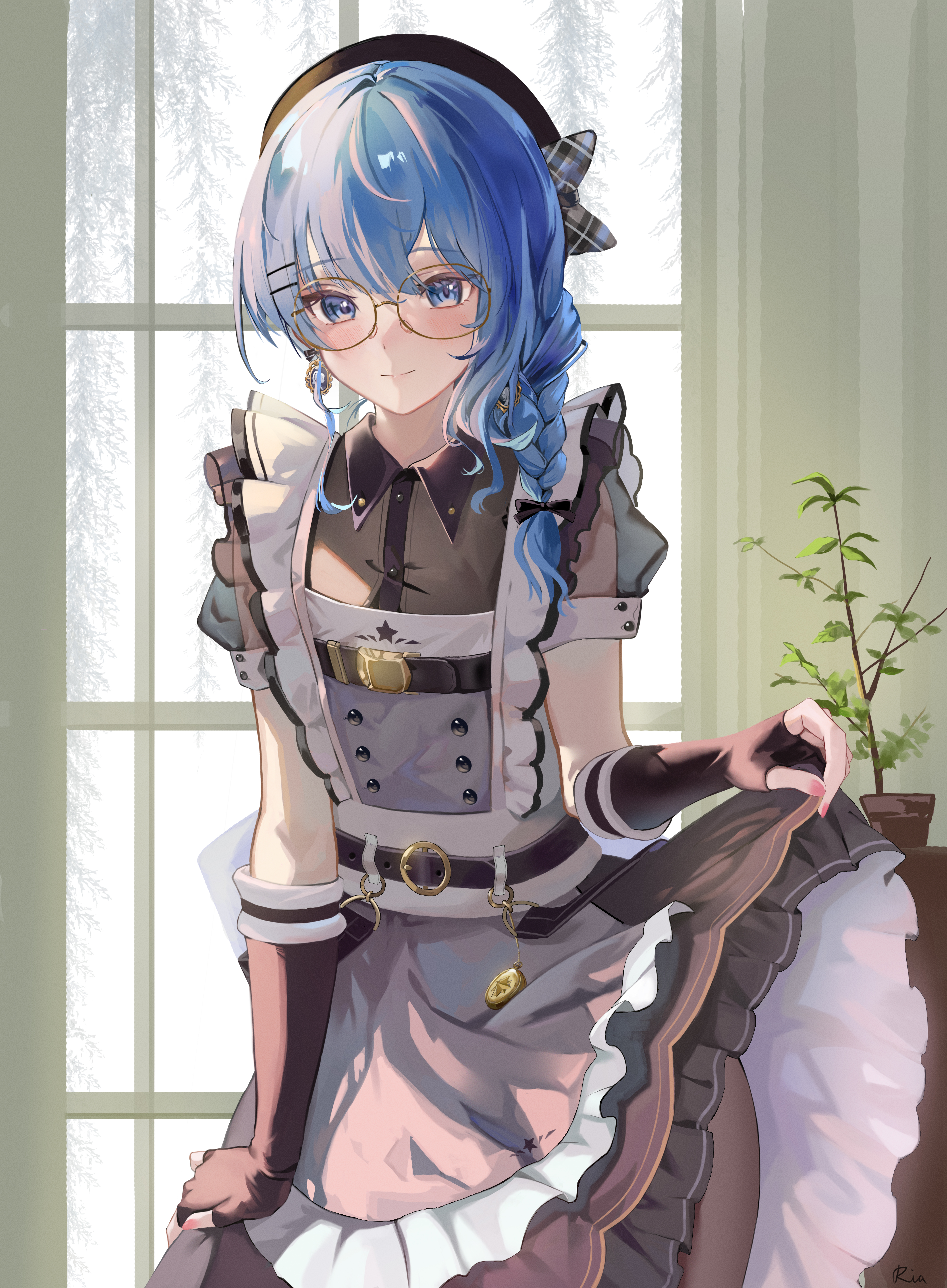 Anime 3939x5353 maid anime girls maid outfit lifting dress blue hair blue eyes glasses braids smiling portrait display