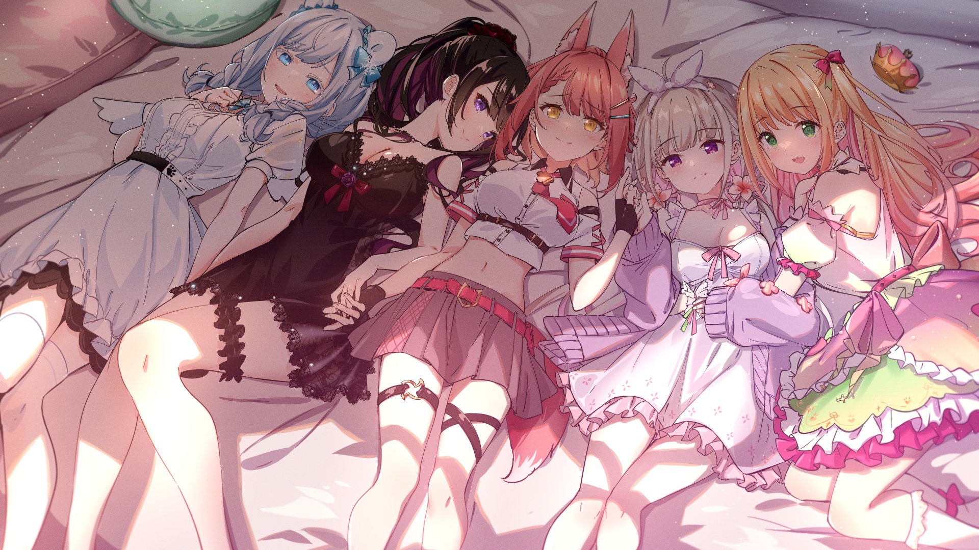 Anime 1920x1080 anime anime girls lying on back bed gloves fingerless gloves line-up group of women