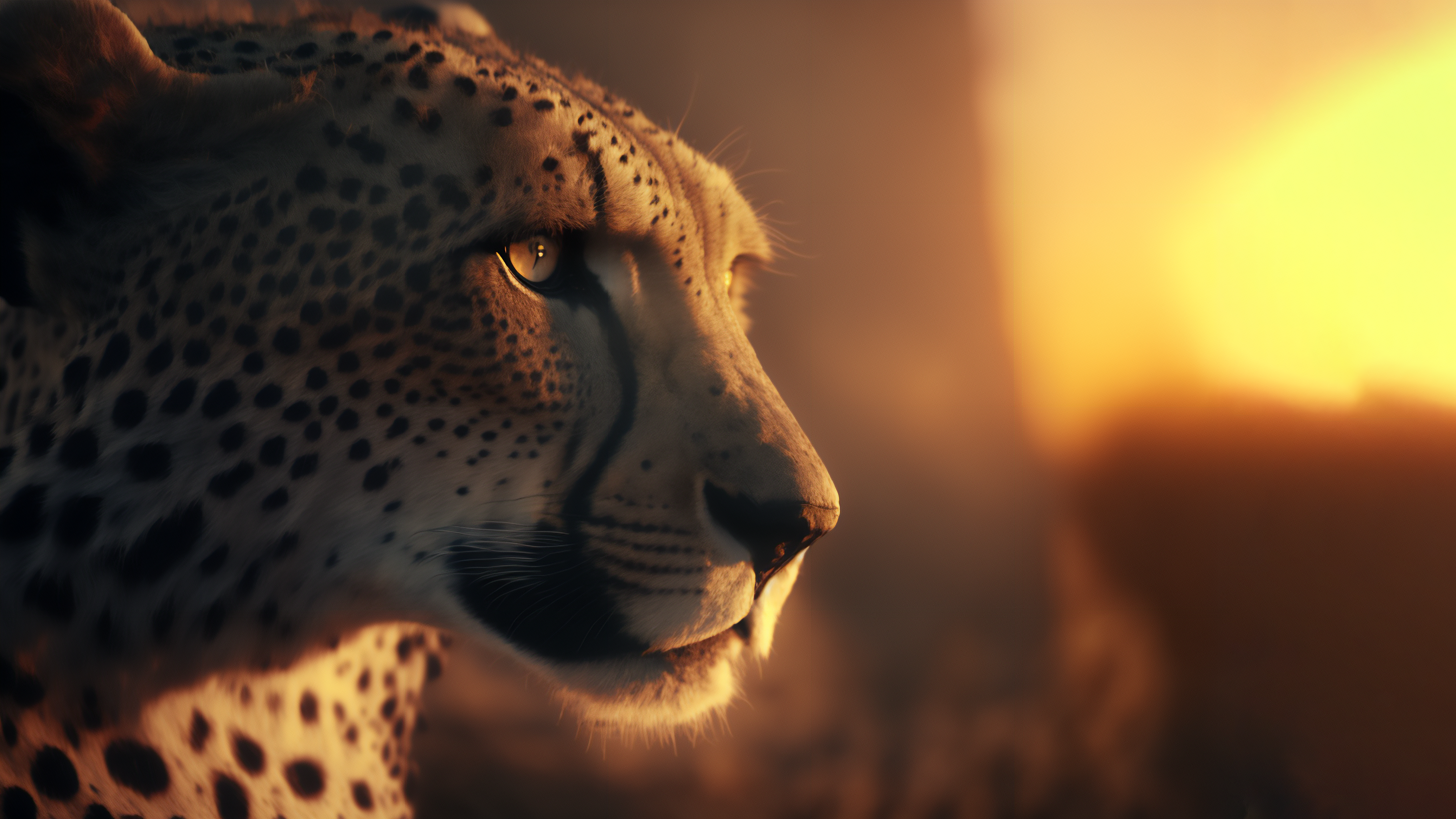 General 3641x2048 cheetah sunset CGI animals sunset glow closeup AI art fur
