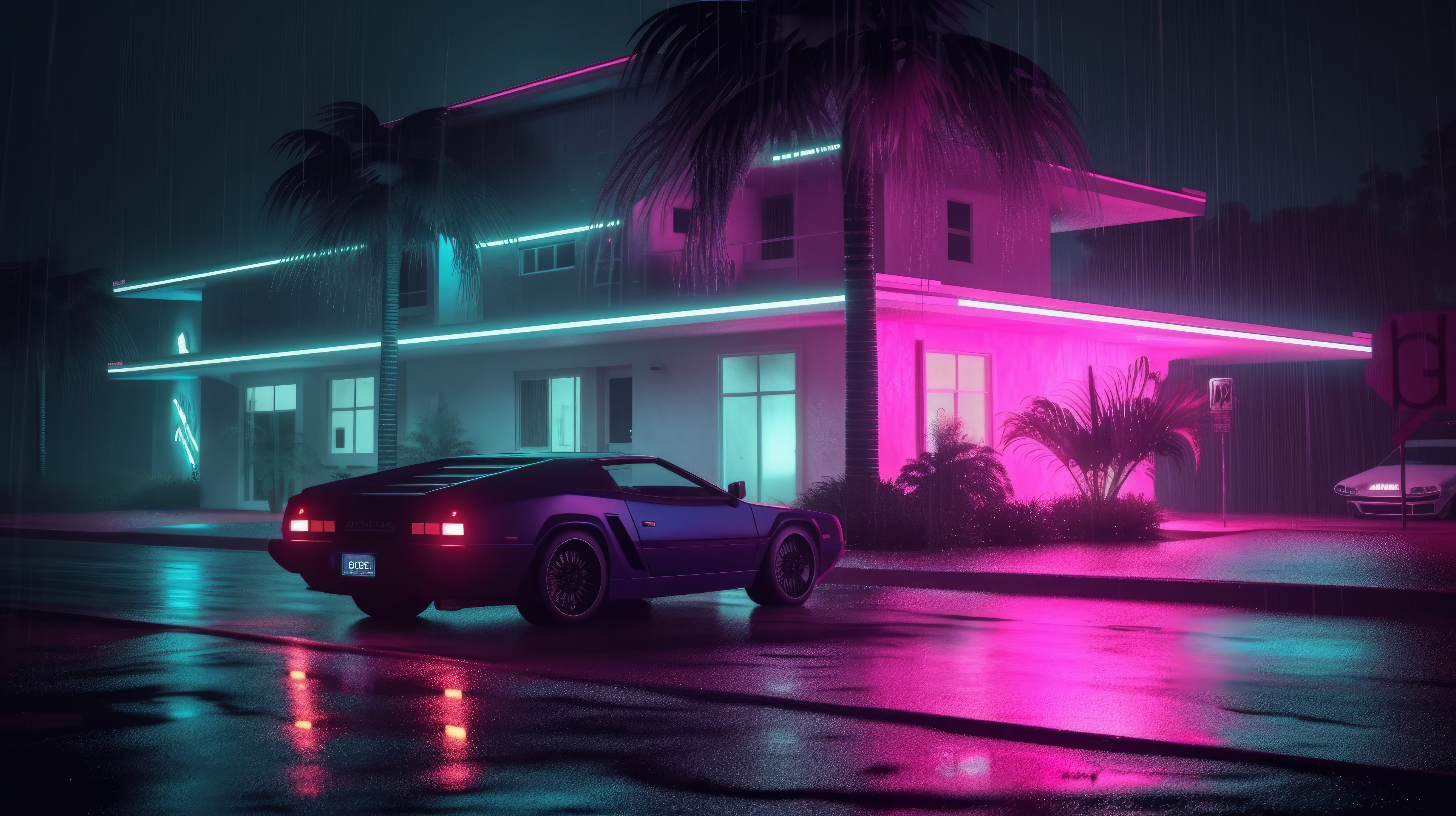 General 3854x2160 AI art cyberpunk city street neon motel car rear view licence plates palm trees