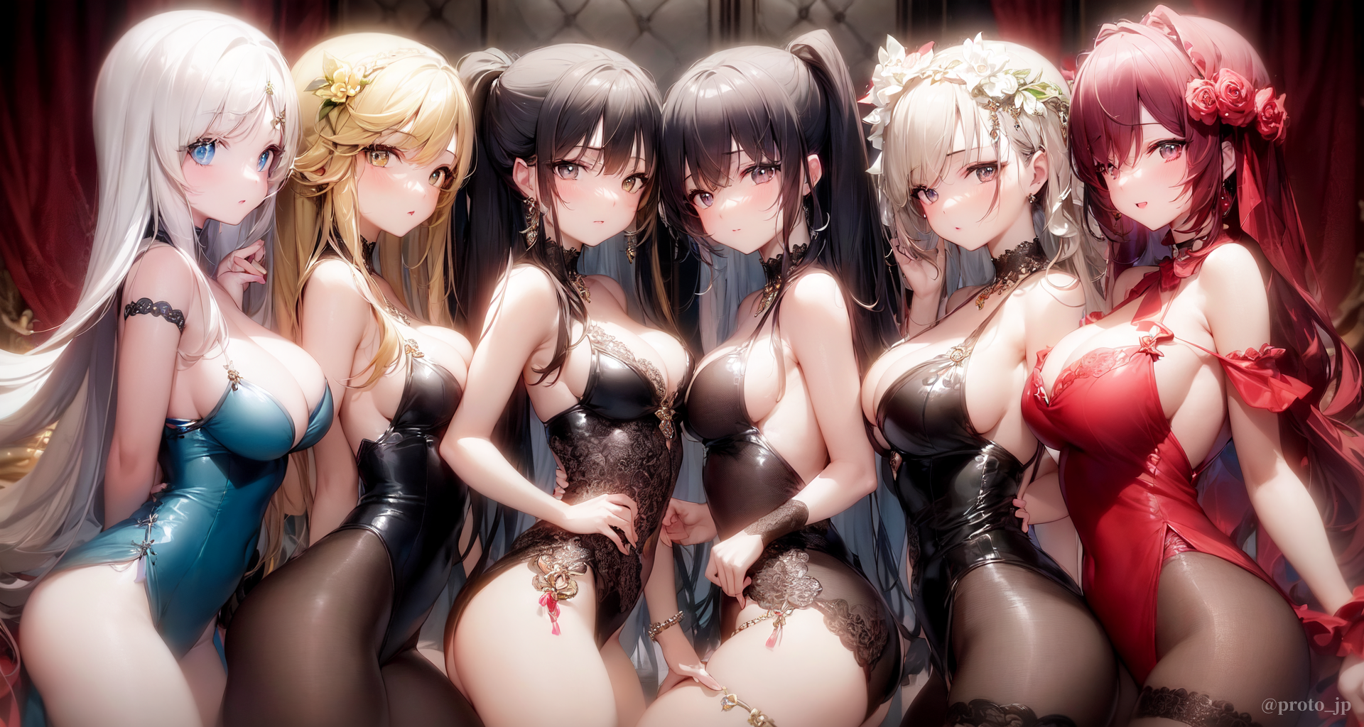 Anime 1920x1024 AI art PROTO@AiArt Pixiv harem group of women pantyhose anime girls big boobs long hair flower in hair looking at viewer choker thighs earring line-up