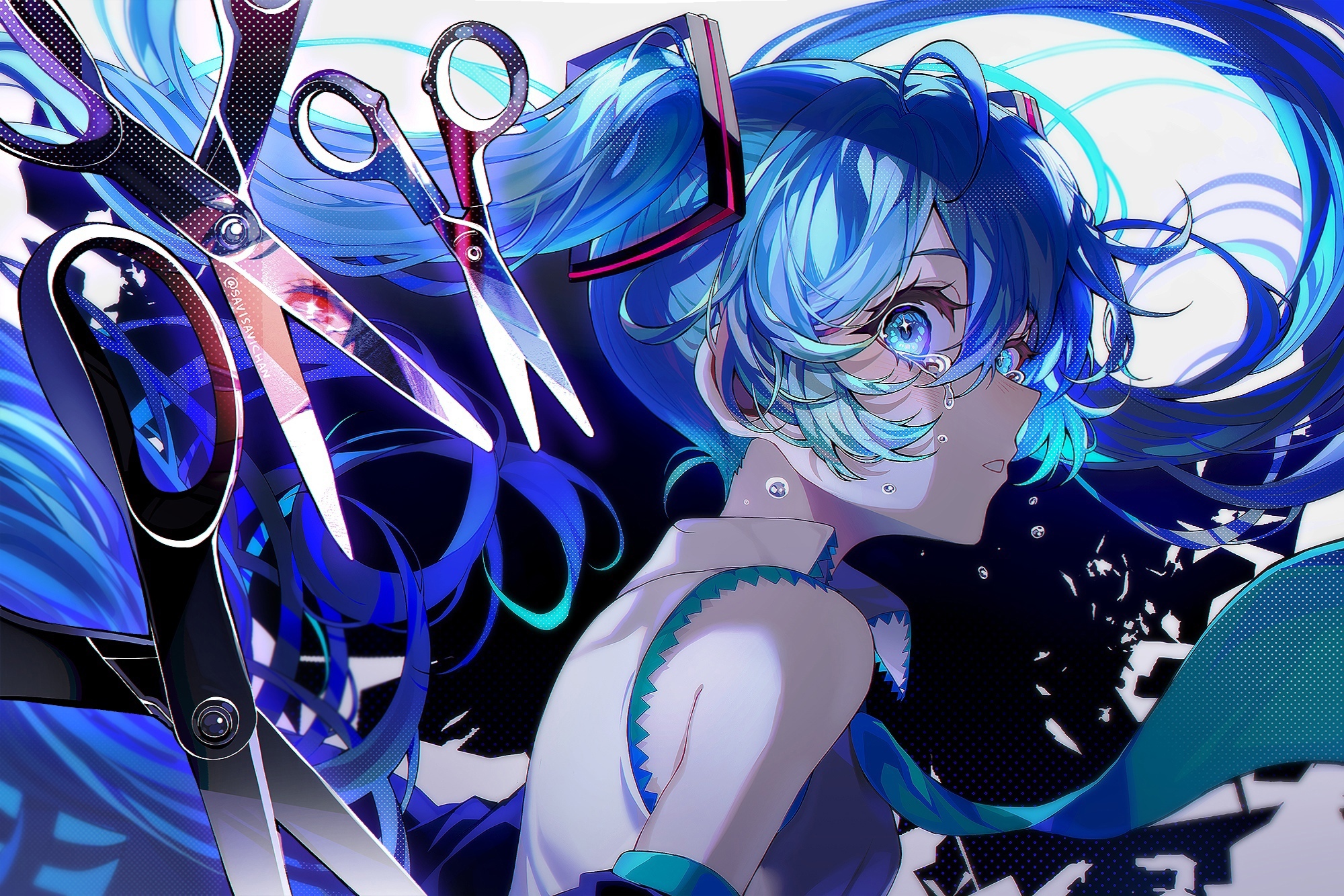 Anime 2000x1334 Hatsune Miku scissors tears looking back looking at viewer ponytail anime girls Vocaloid twintails blue hair blue eyes crying