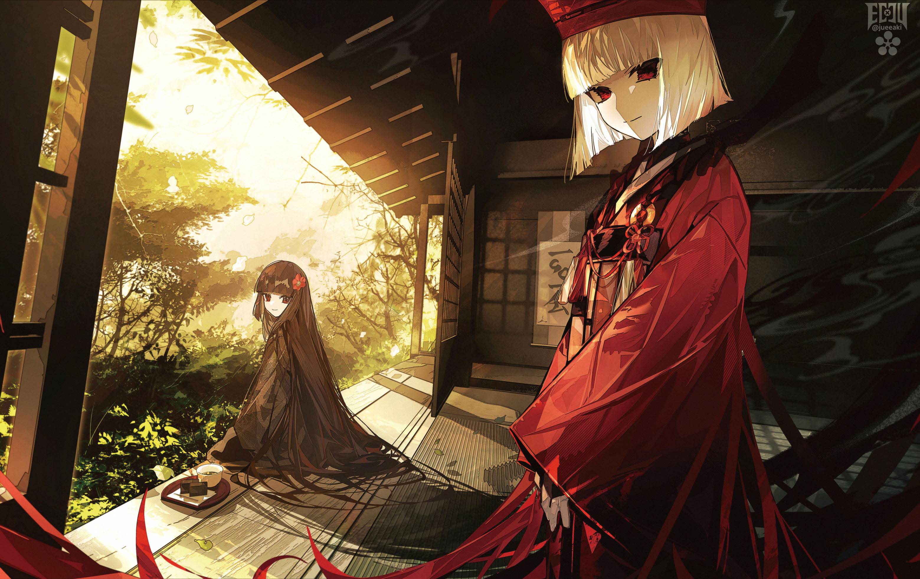 Anime 3118x1964 Fate/Grand Order red dress white hair looking at viewer porch anime girls dress short hair long hair smiling flower in hair trees