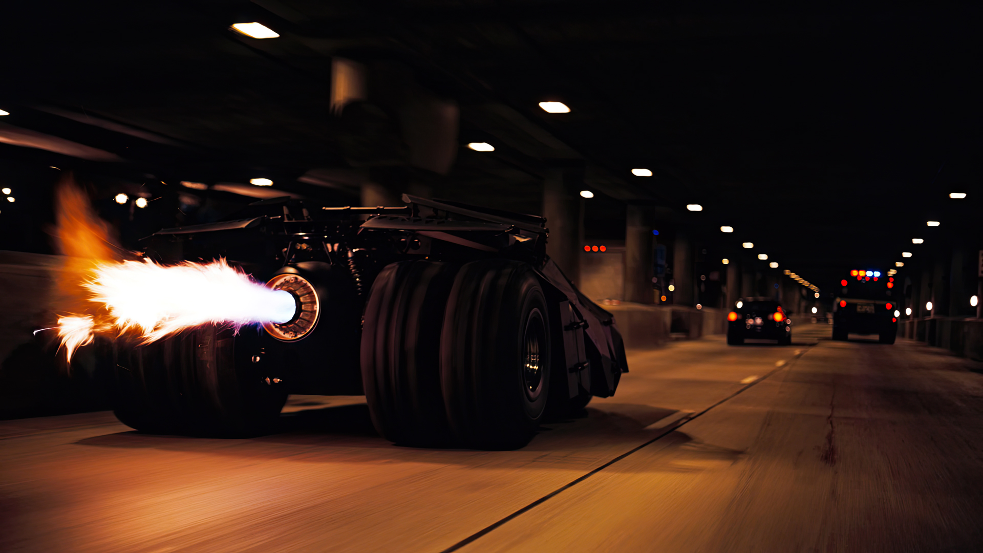 General 1920x1080 The Dark Knight Batmobile tunnel movies film stills Gotham City turbines car rear view taillights Christopher Nolan