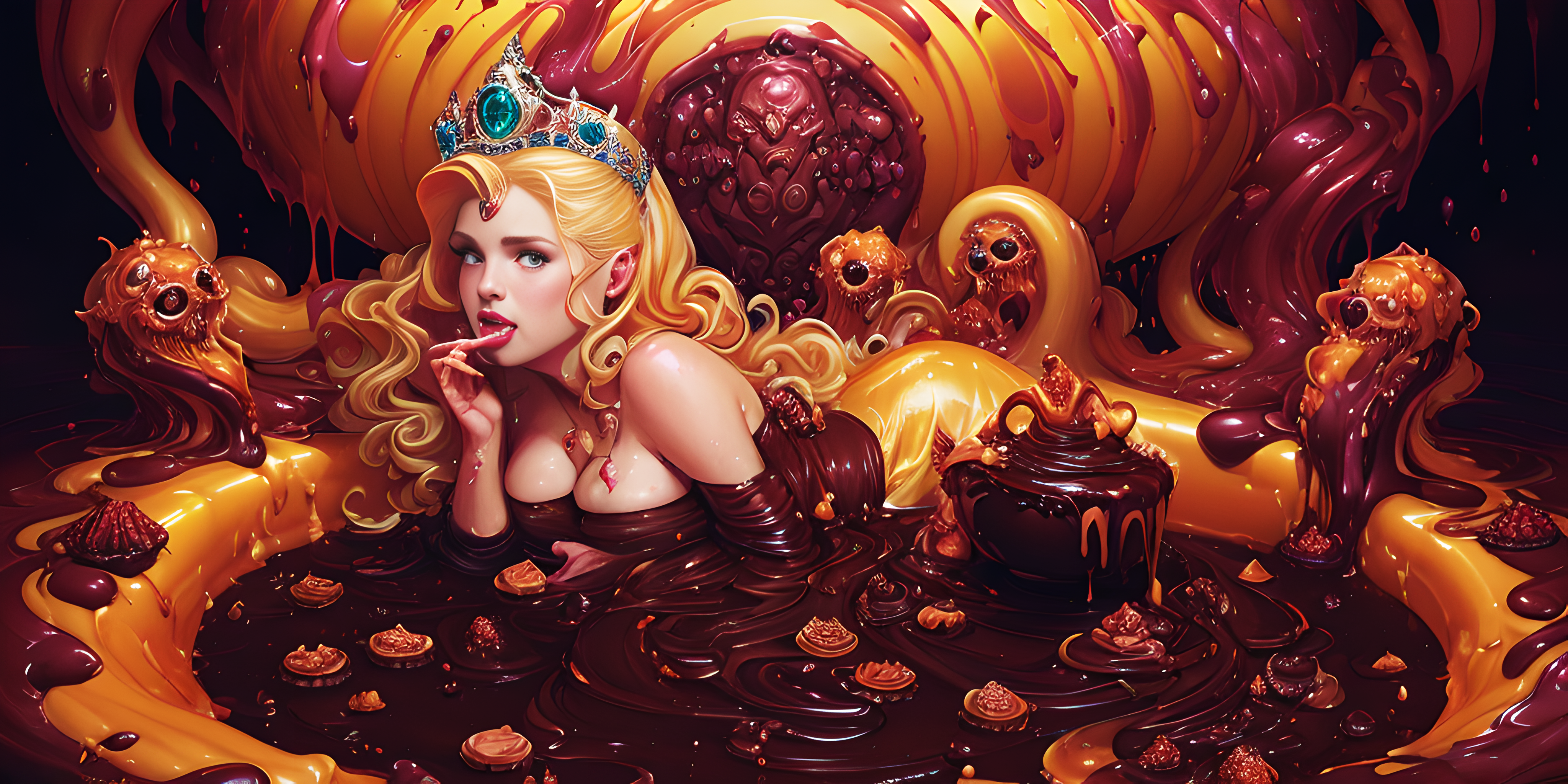General 4096x2048 AI art chocolate caramel princess bathing women lying on front tiaras blonde sweets