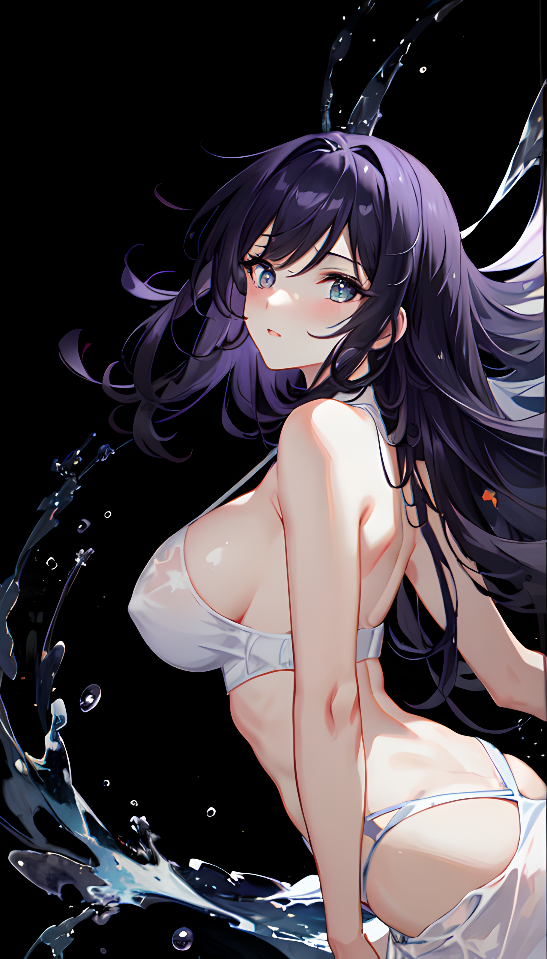 Anime 1824x3200 AI art starry night purple eyes black background anime girls portrait display big boobs looking at viewer blushing stars sideboob swimwear