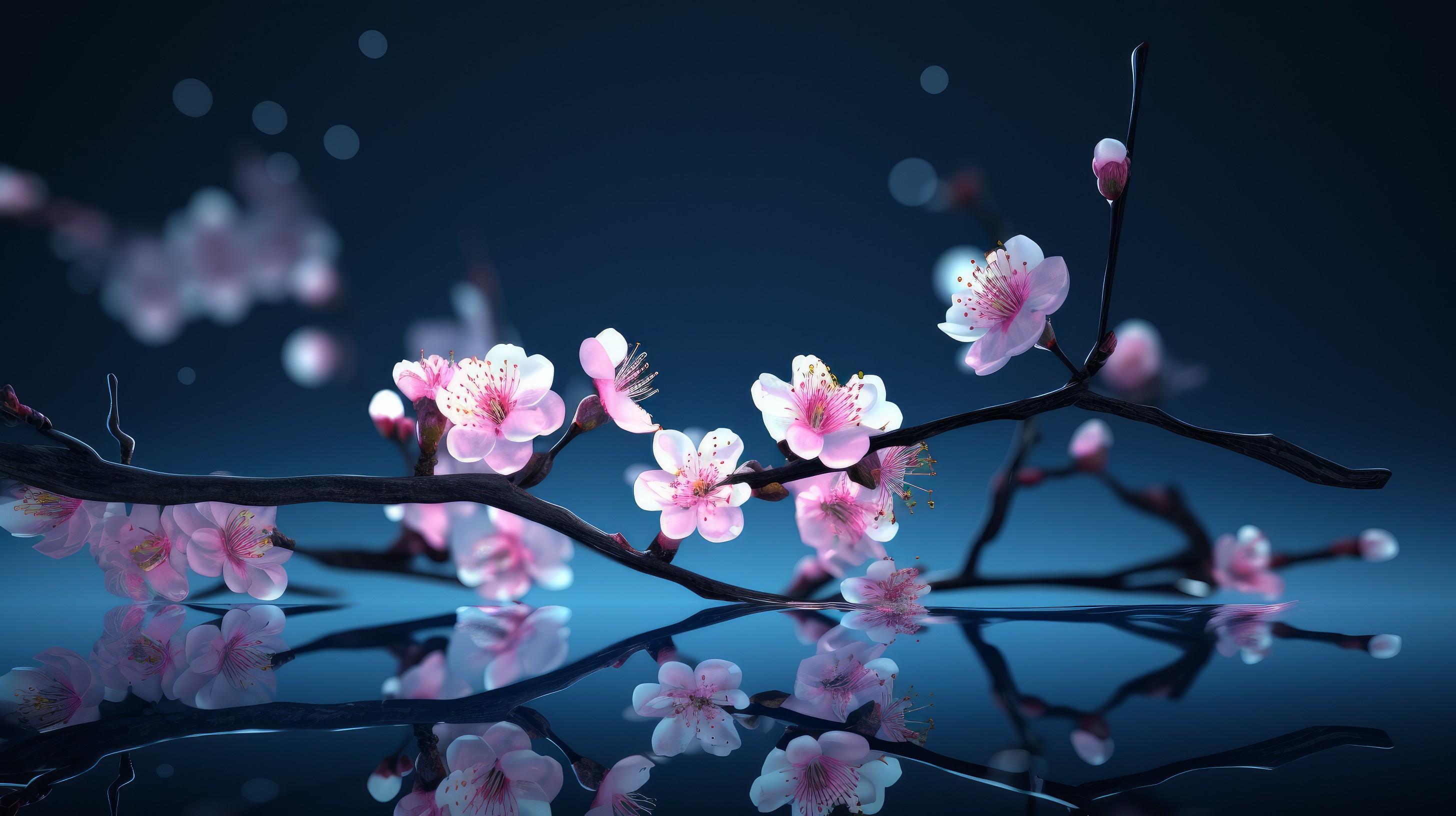 General 2912x1632 AI art peach blossom blue flowers closeup reflection branch