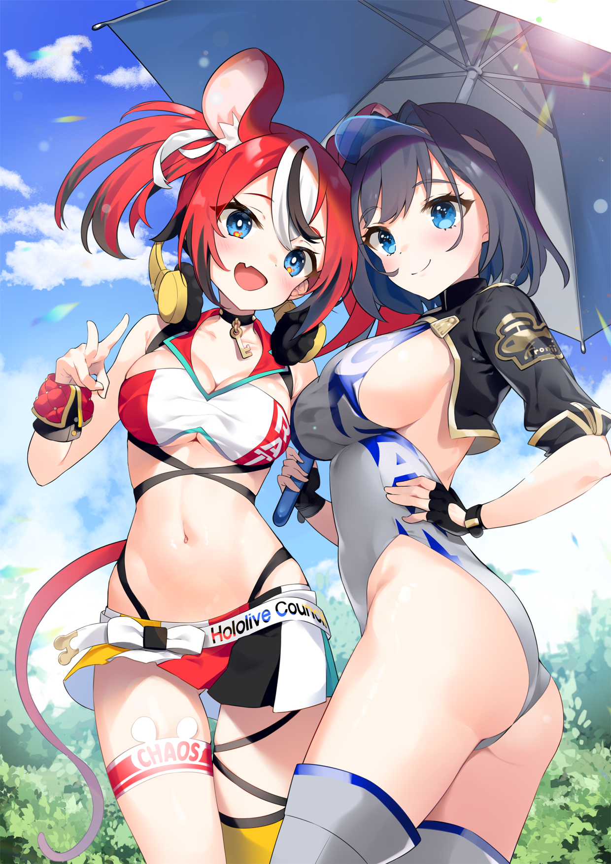 Anime 1240x1754 anime anime girls digital art artwork 2D Pixiv ecchi portrait portrait display looking at viewer belly belly button bare midriff Hololive Hakos Baelz Ouro Kronii sideboob Virtual Youtuber umbrella ass thighs gloves animal ears mouse girls mouse ears hat Kutata fingerless gloves petite multi-colored hair