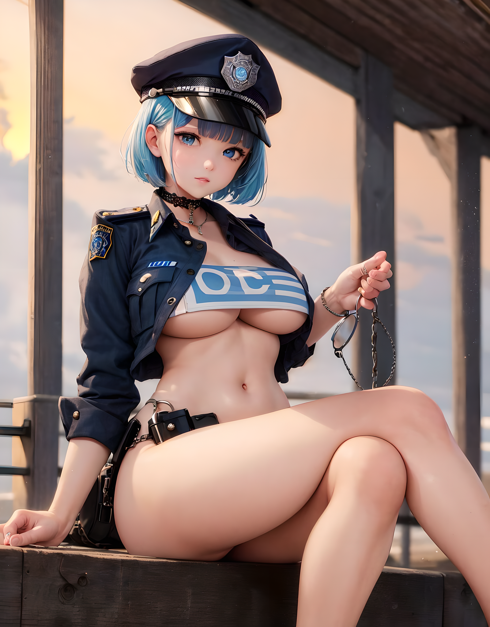 Anime 1600x2048 AI art police hat blue hair FluffyMammoth portrait display hat legs crossed underboob women choker handcuffs Asian necklace short hair belly belly button looking at viewer