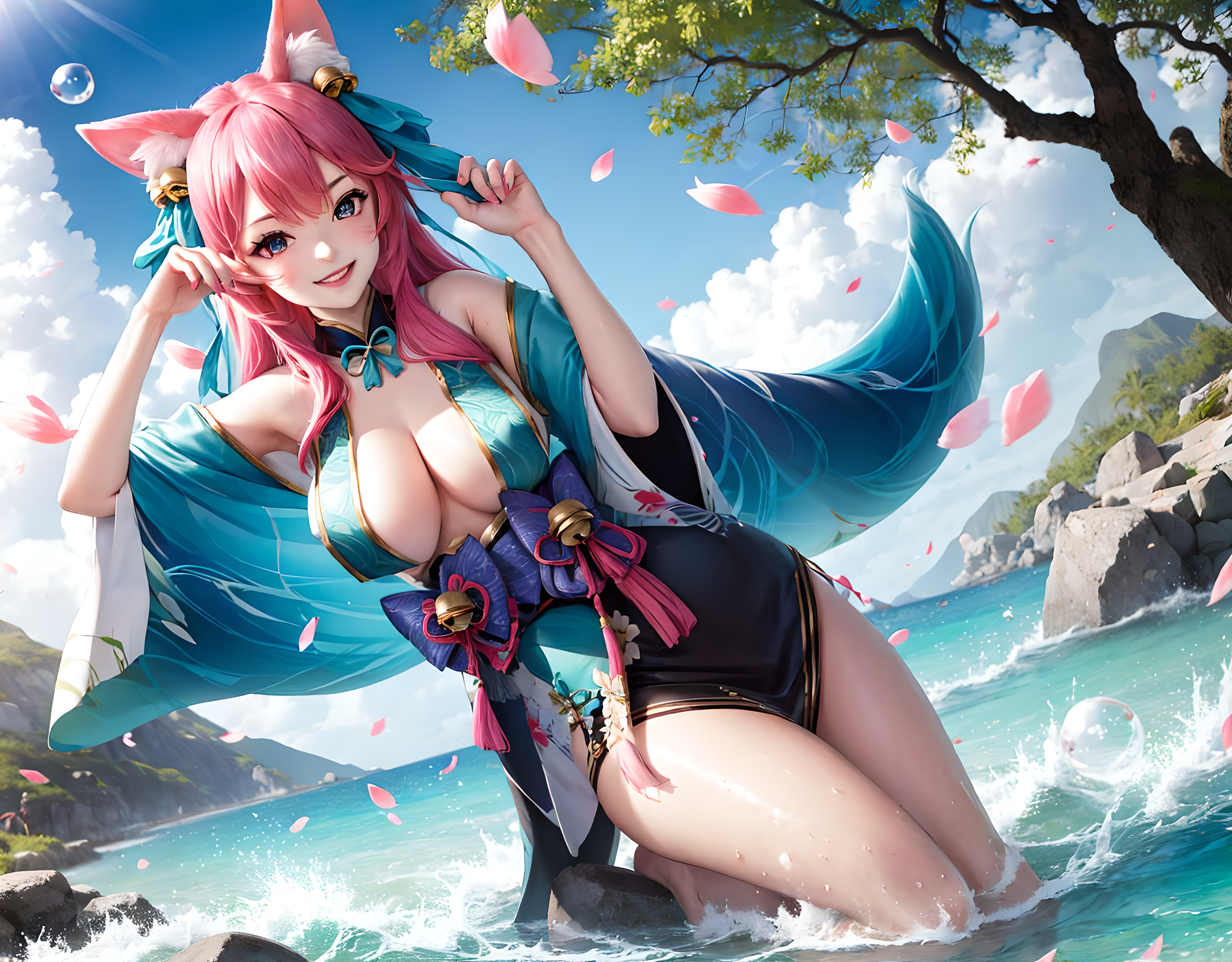 Anime 2048x1600 Ahri (League of Legends) Spirit Blossom (League of Legends) League of Legends AI art boobs FluffyMammoth video games looking at viewer water video game girls video game characters bubbles standing in water petals smiling fox girl fox ears clouds