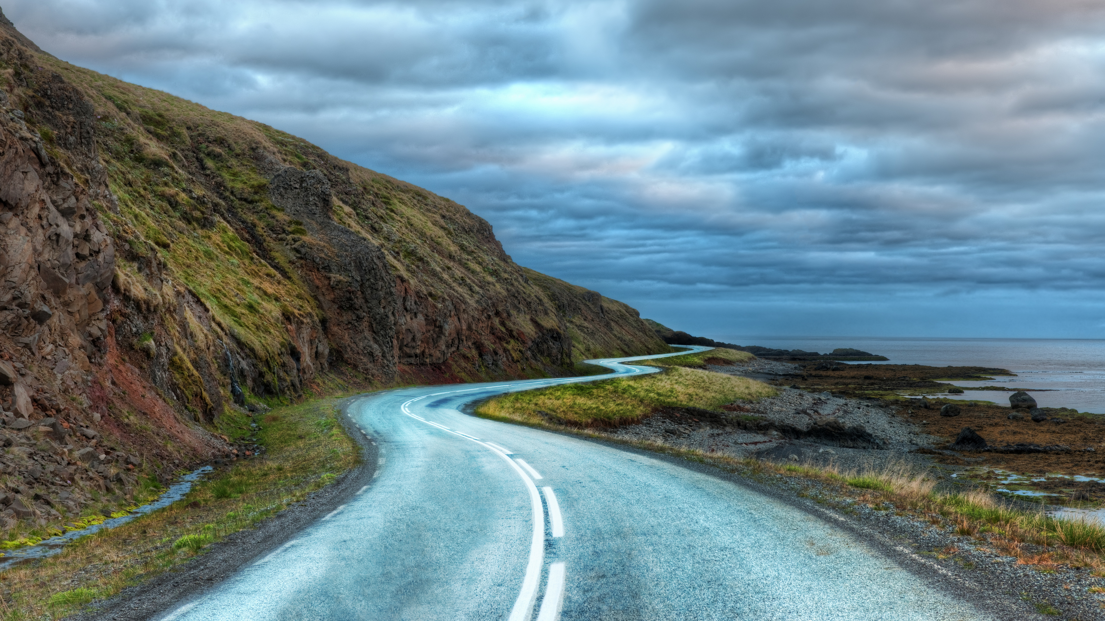 General 3840x2160 photography landscape road outdoors Iceland rocks shore water grass sky clouds curvy road 4K