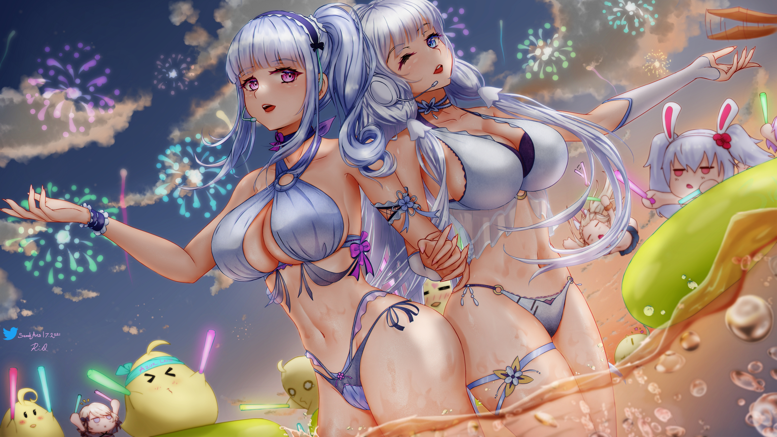 Anime 2500x1406 Azur Lane anime girls group of women water sunset standing in water wet body looking at viewer clouds floater chibi bubbles white bikini bikini long hair belly belly button white hair one eye closed fireworks swimwear purple eyes blue eyes big boobs twintails cleavage bunny ears sky wink Pixiv Illustrious (Azur Lane) Dido (Azur Lane) Laffey (Azur Lane) Javelin (Azur Lane) Ayanami (Azur Lane) Manjuu (Azur Lane) cleavage cutout women outdoors wet ponytail headphones
