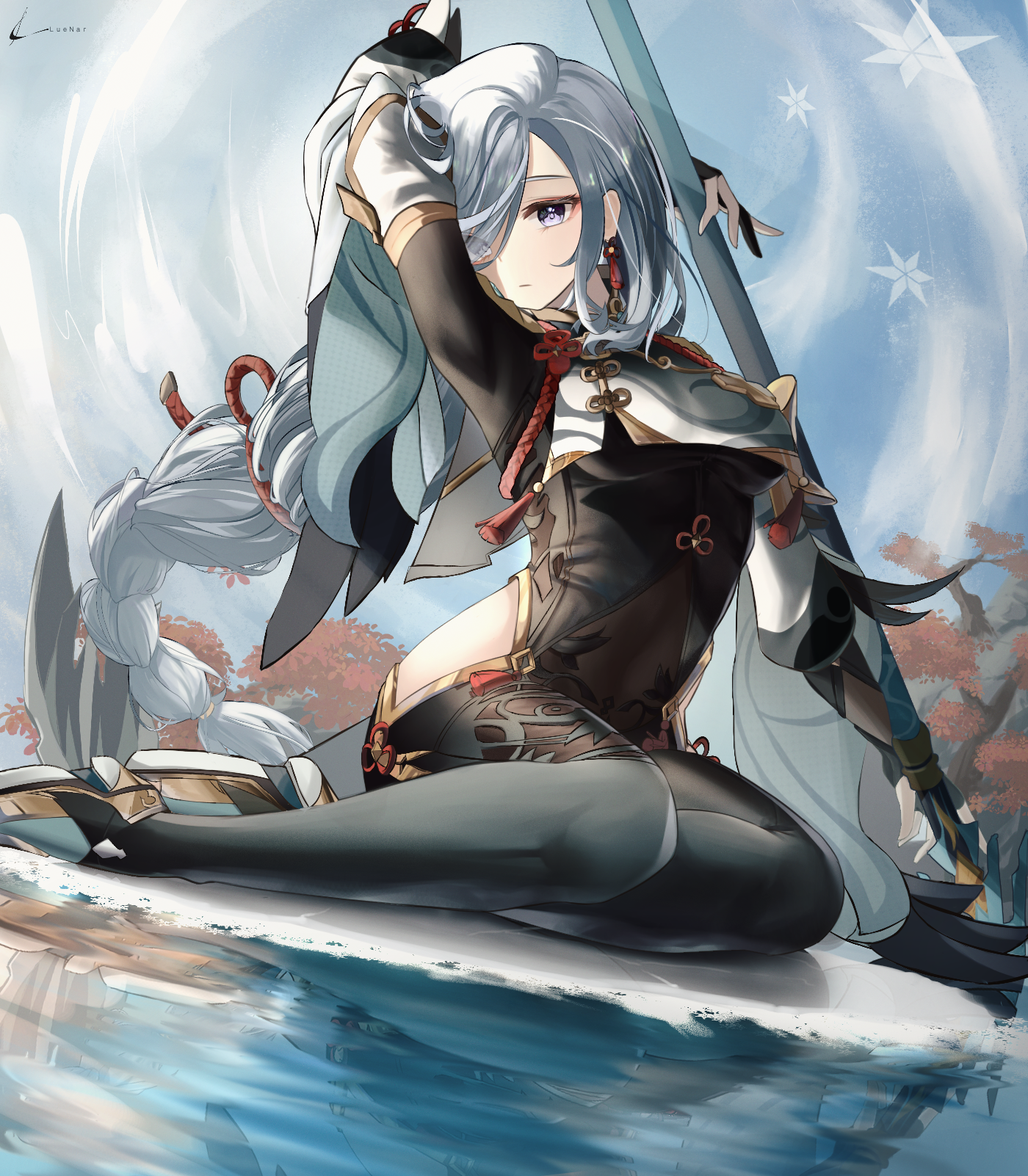 Anime 1400x1602 Genshin Impact bodysuit Shenhe (Genshin Impact) hips gray hair gray eyes braids sitting tight clothing water reflection long hair one arm up weapon hair over one eye trees depth of field looking at viewer portrait display anime girls