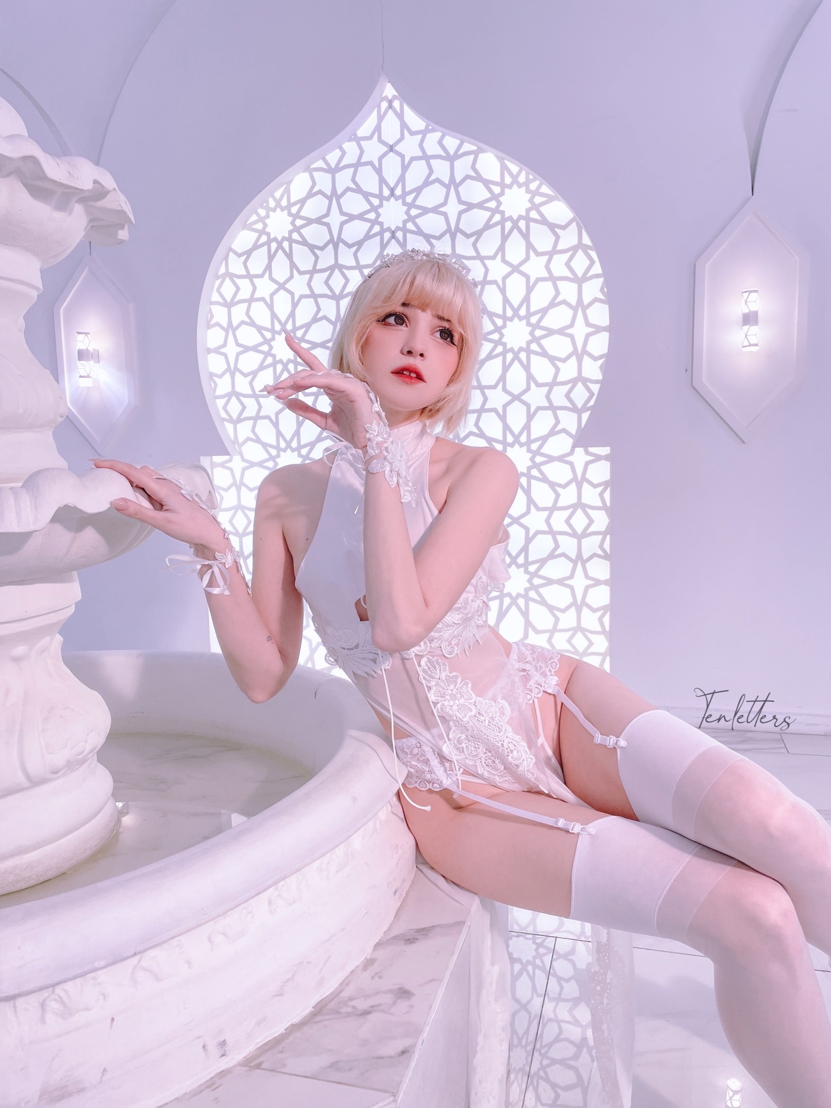 People 1620x2160 Karina Salakhutdinova women blonde white lingerie indoors makeup blushing white stockings