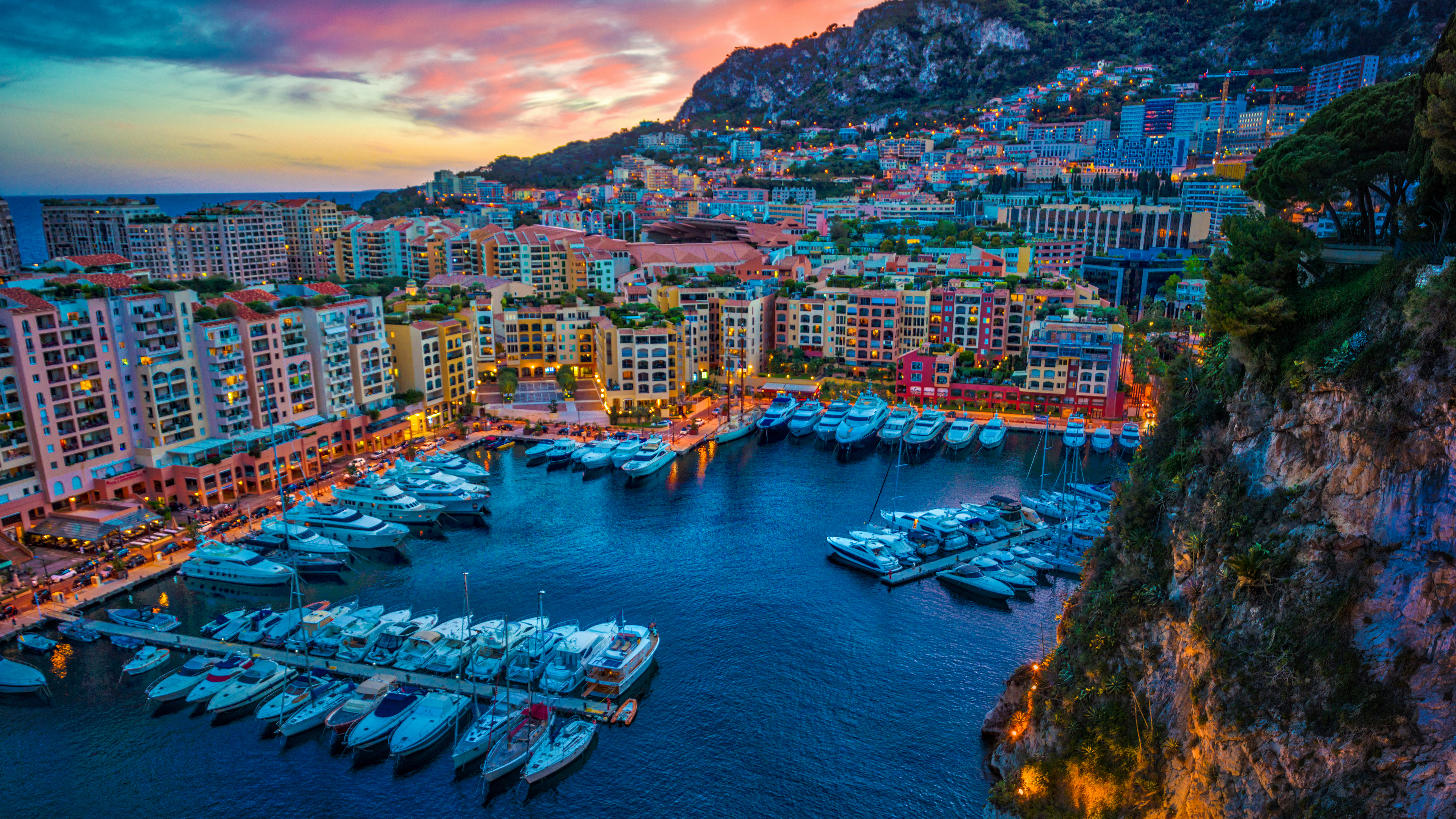 General 3840x2160 Trey Ratcliff photography cityscape Monaco building water yacht hills mountains trees sky clouds bay city dock rocks 4K