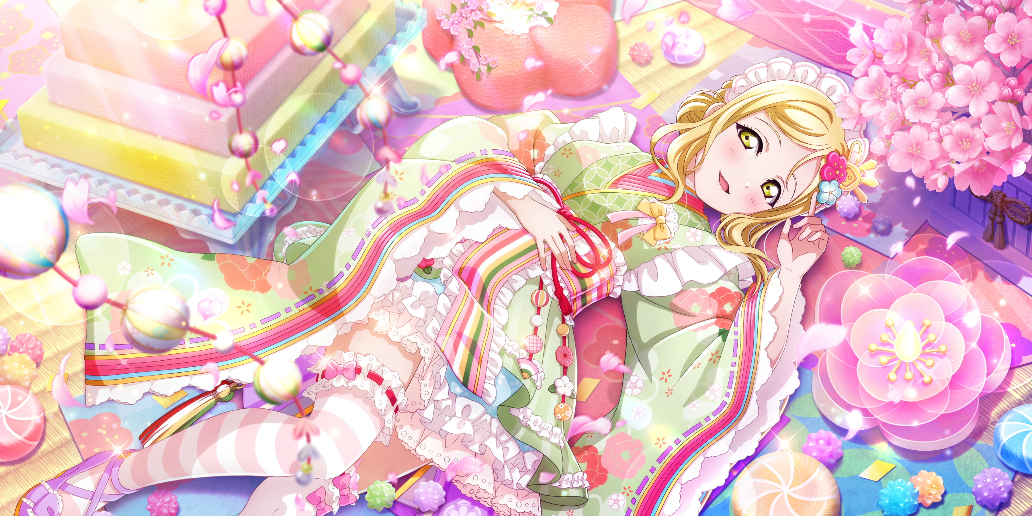 Anime 3600x1800 Ohara Mari Love Live! Sunshine Love Live! anime anime girls lying on back blushing flower in hair petals dress flowers stars stockings