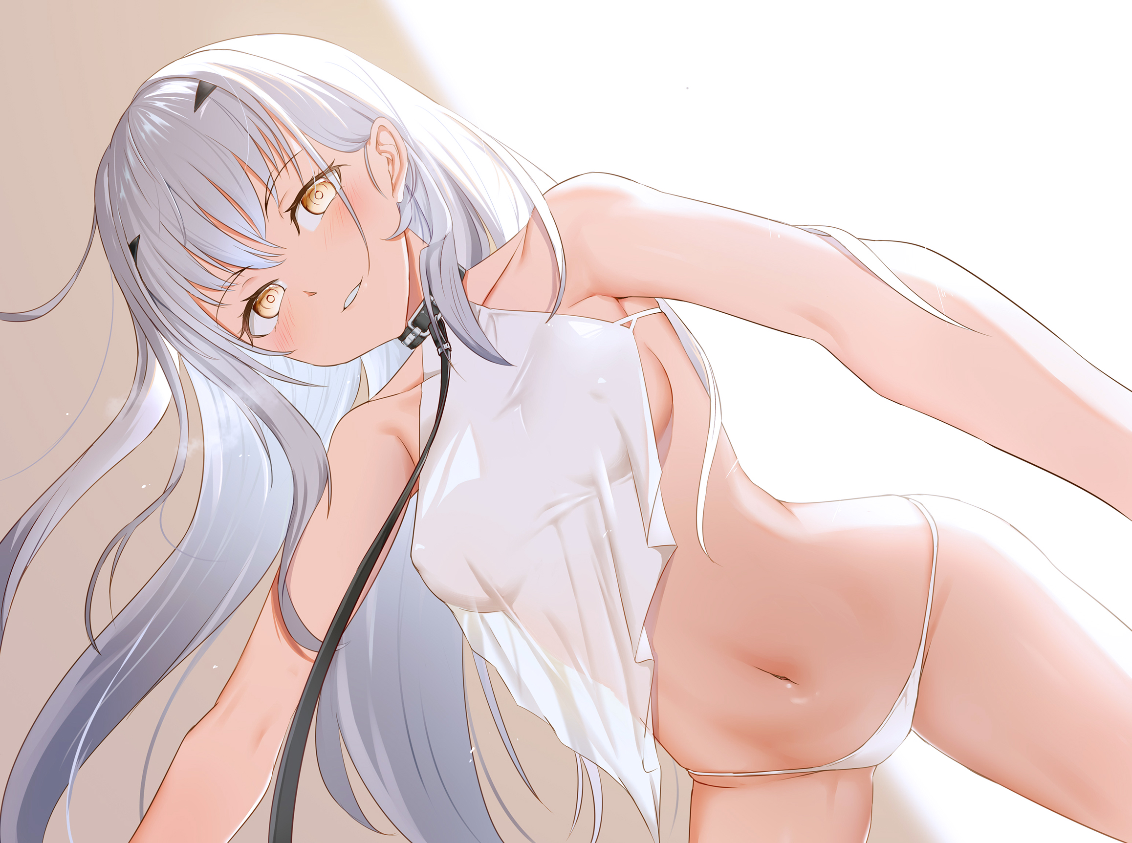 Anime 2316x1725 Lancelot (Fate/Grand Order) Fate series Fate/Grand Order silver hair yellow eyes belly underwear anime girls collar long hair looking at viewer blushing panties belly button